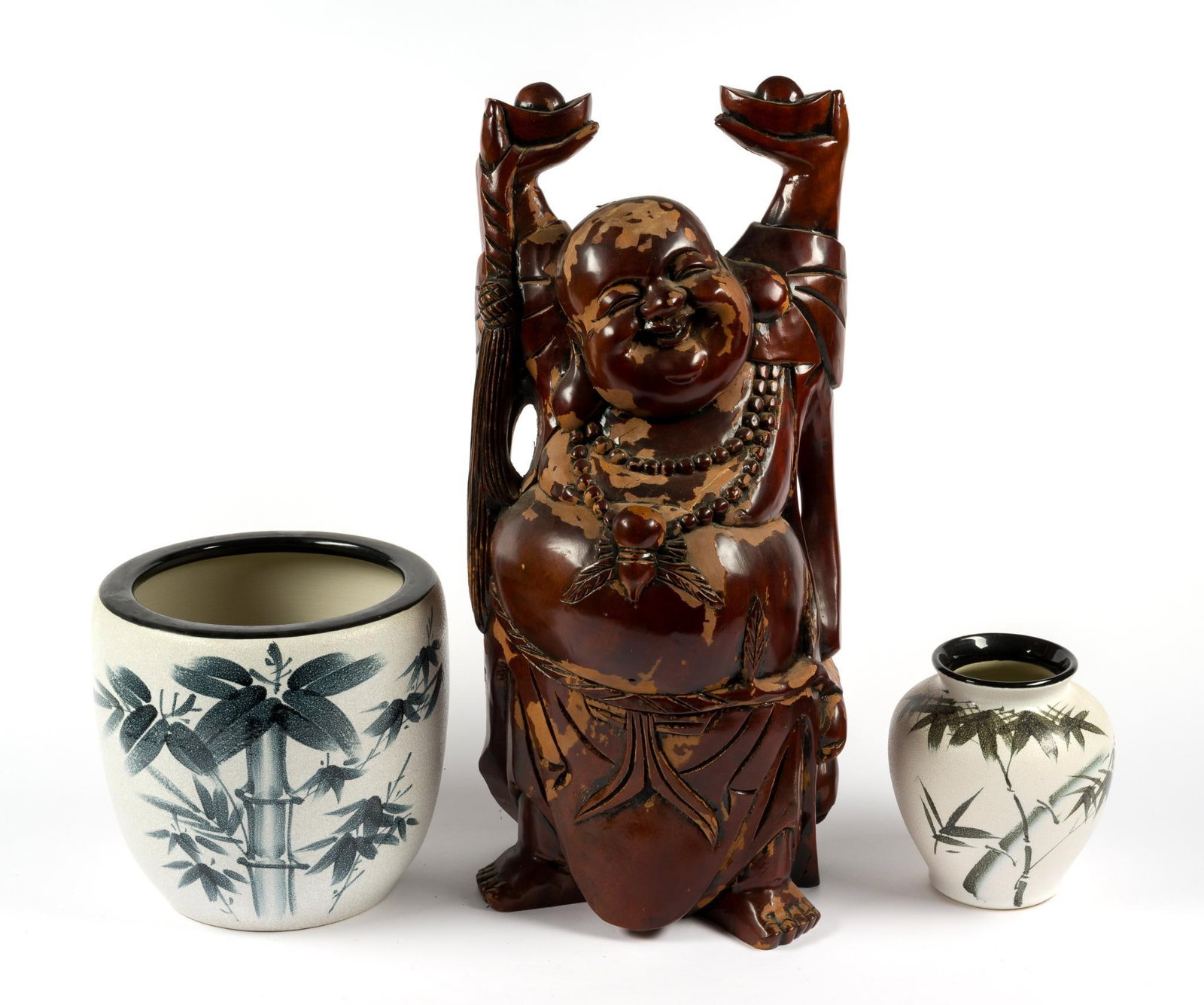 2 Modern Asian Stoneware Vases & Wooden Buddha: Buddha has extensive chipping and losses to the surface. Largest crock measures 10" x 10" x 9-1/2" and the smaller vase measures 7" x 7" x 7-1/4". Buddha measures 11" x 9" x 25-1/2". 