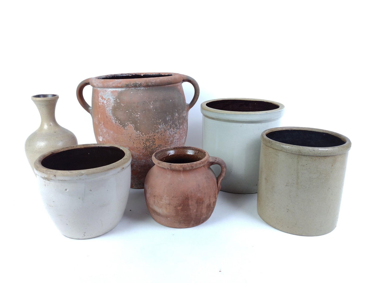 2 Antique Terracotta Crocks & 4 Stoneware: Largest piece measures 14" x 10" x 12-1/4" and smallest piece measures 8" x 6-1/2" x 6". 