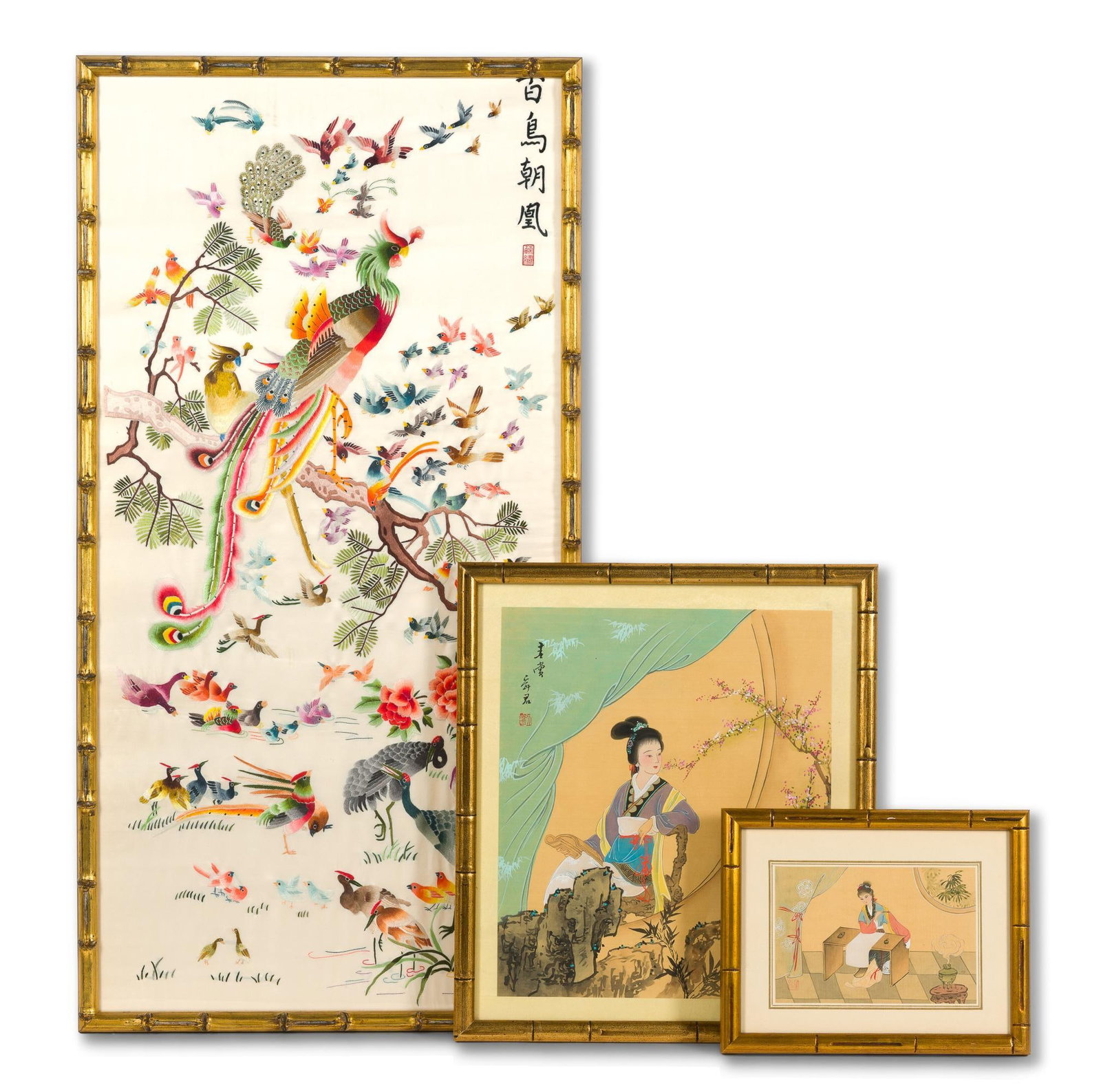 Vintage Asian Silk & 2 Framed Silk Works: Silk works are watercolor on silk. Signed "Chun Ying". Largest silk measures 18" x 35" and the smallest image measures 11" x 8-1/2". 