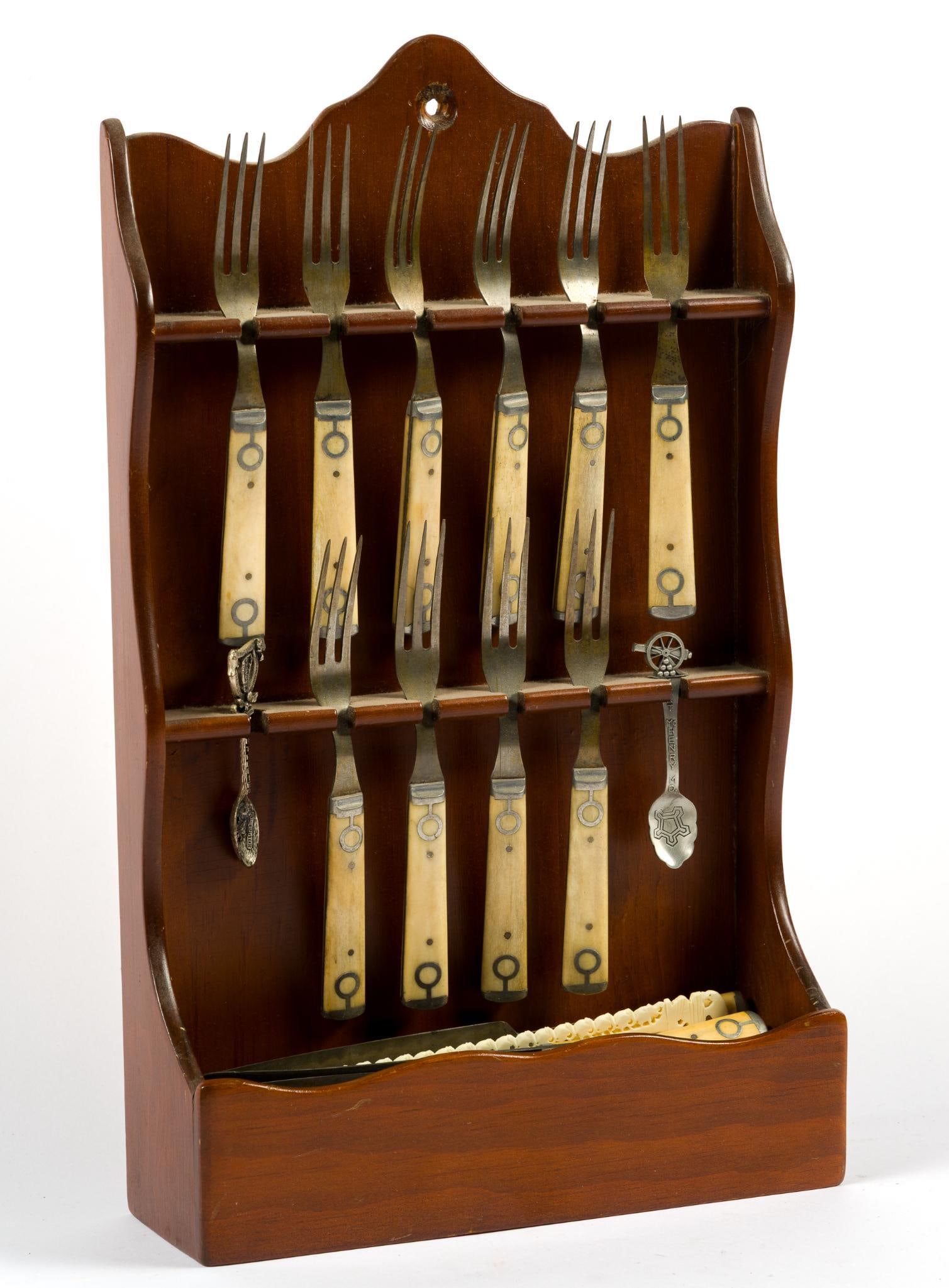 Antique Bone Handle Flatware Set & Wooden Display: Also includes two demitasse spoons. Wooden display measures 10-1/2" x 3" x 17-3/4". 
