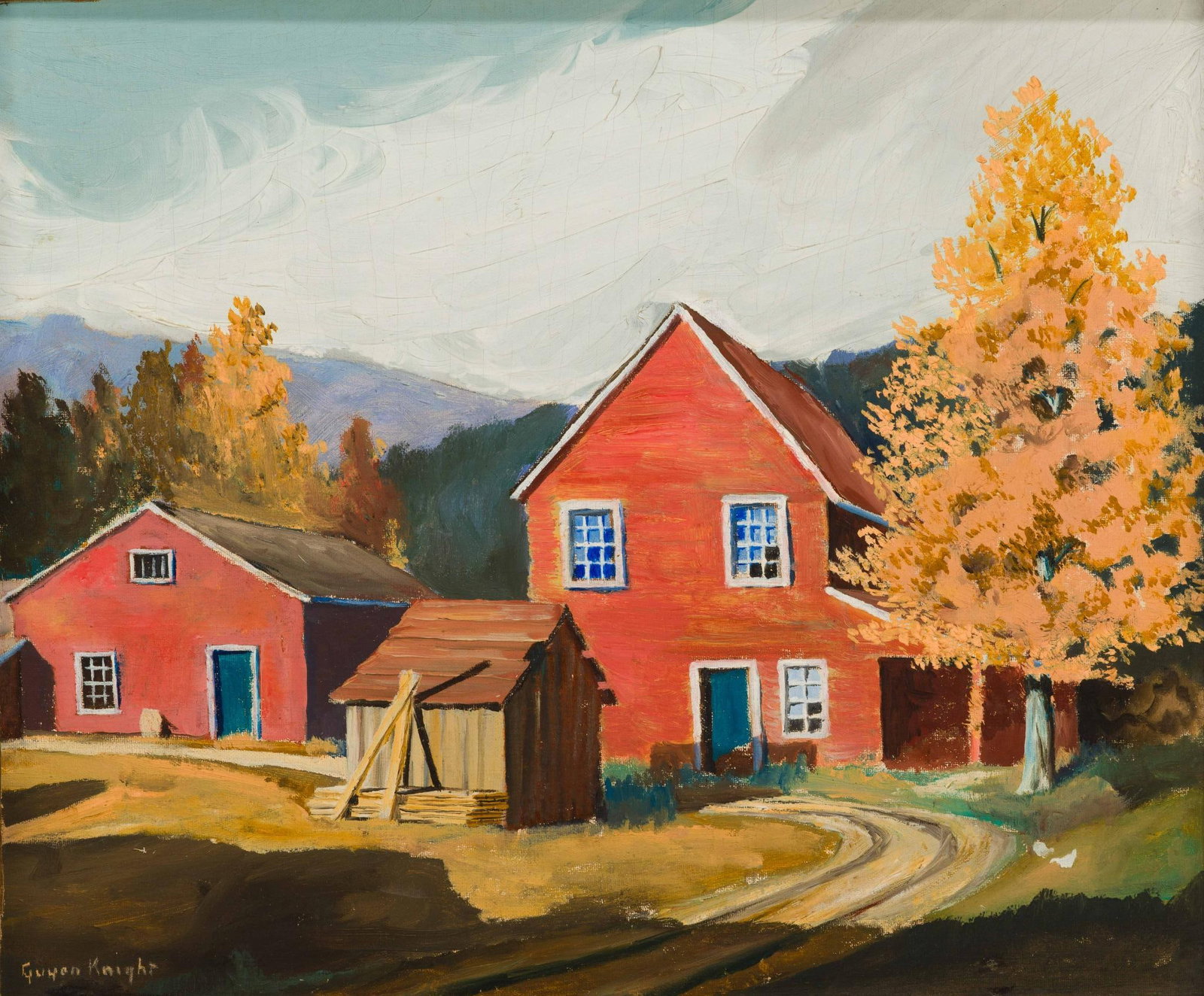 Oil Painting On Board Attributed To Gwendolyn Knight: 14 1/2" X 17 3/4" painting signed Gwen Knight and dating approximately to the 1940's by examination of the canvas board. the framed size is 17 3/4" X 20 3/4". This painting is attributed to Gwendolyn 