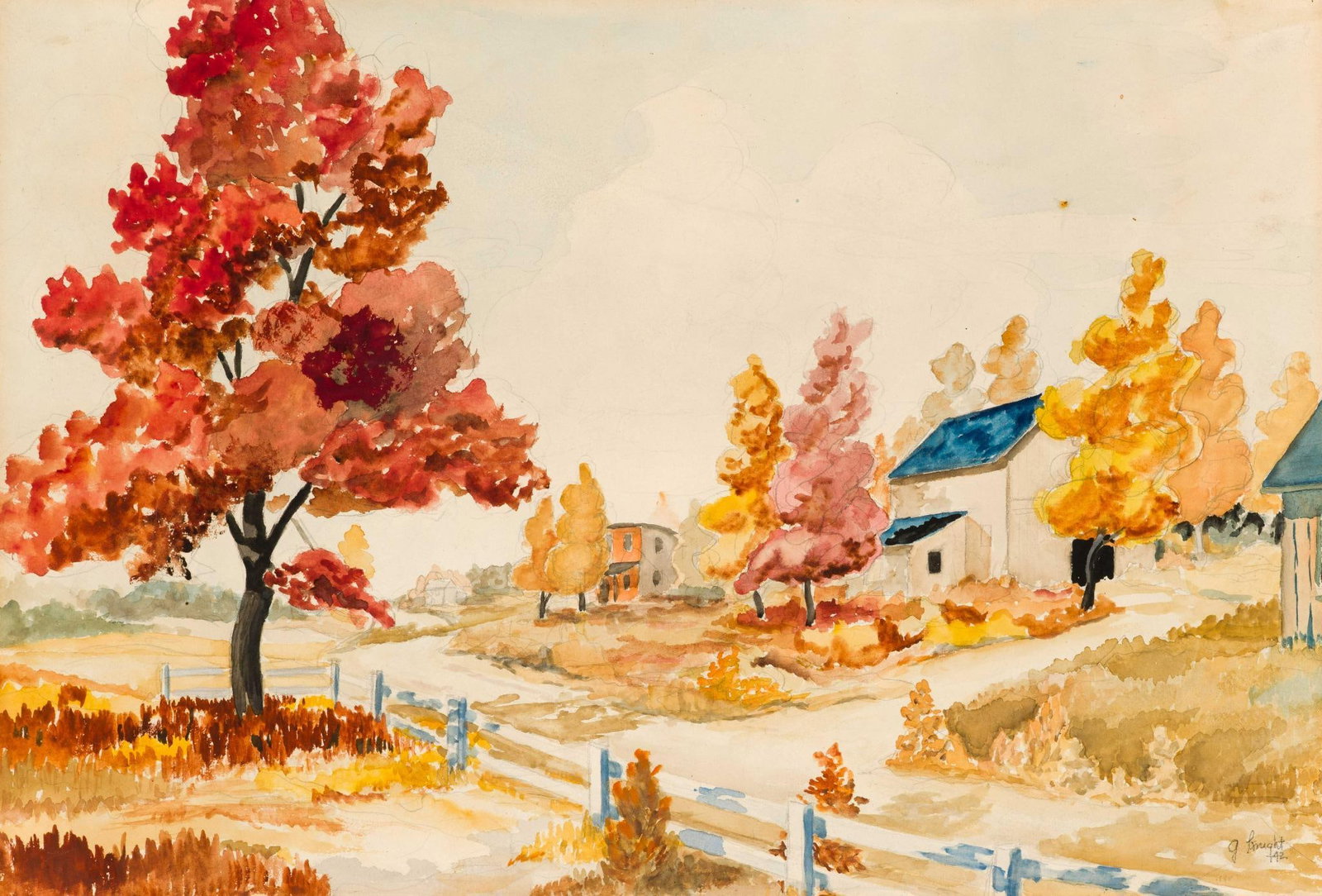 Watercolor On Board Attributed To Gwendolyn Knight: 15" X 22" watercolor painting signed G. Knight 42 (apparently 1942). The framed size is 20 3/8" X 27 1/8". This painting is attributed to Gwendolyn Knight Lawrence (1913 - 2005). Her artistic style