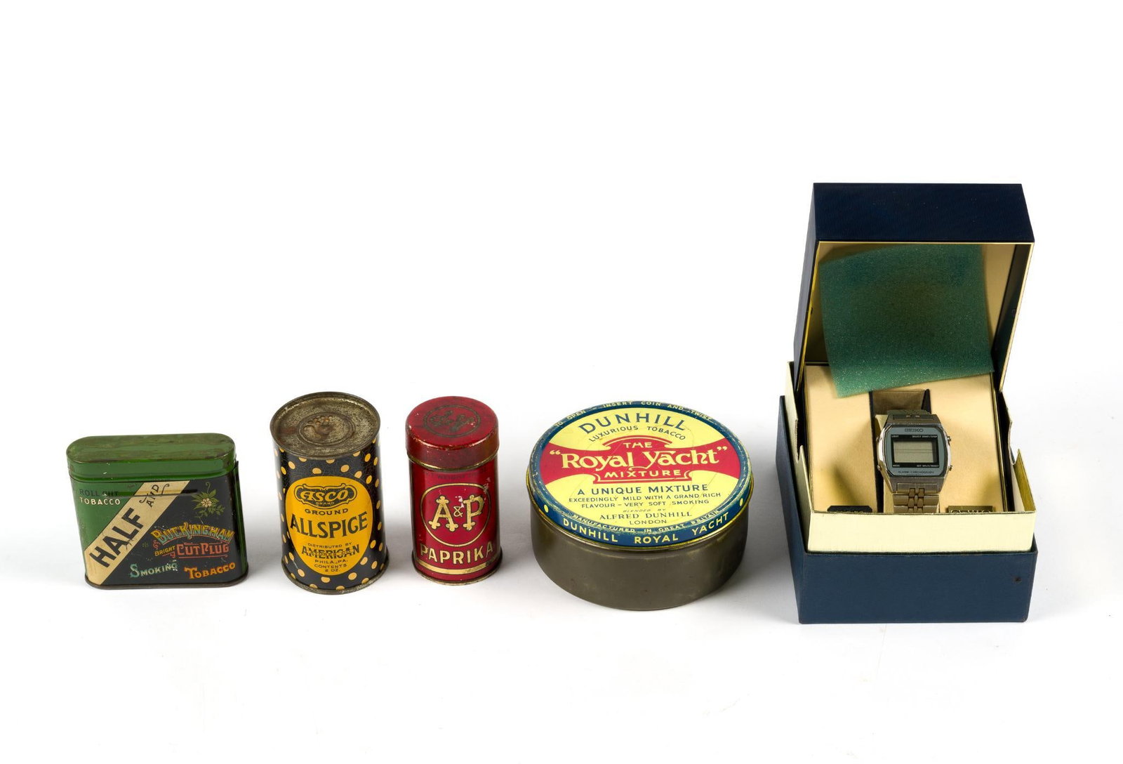 Vintage Seiko Watch & Advertisement Tins: Includes 4 tins and a vintage Seiko watch. Smallest tin measures 3"; watch box measures 4-1/4" x 3-3/4".
