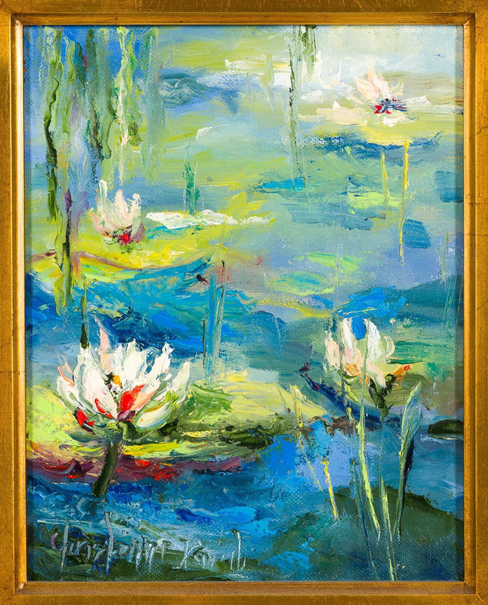 Christiane David "Lilies of Giverny" With COA: Oil on canvas. Christiane David was born in Belgium, working out of Lancaster County, Pennsylvania. Her paintings reflect a free and spontaneous style. Measures 19-1/4" x 21" with frame.