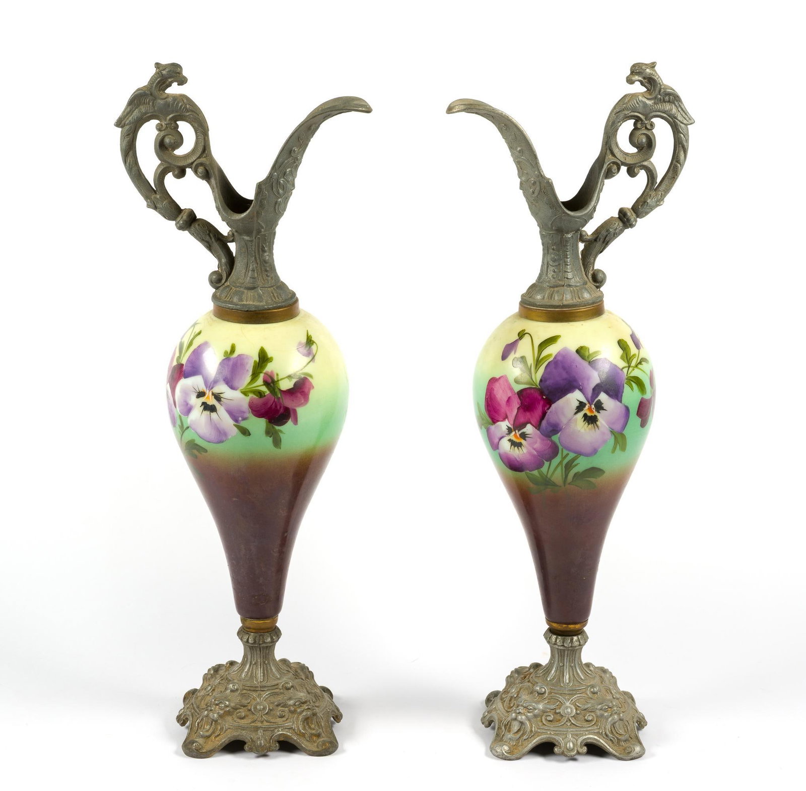 Pair of Handpainted French Ewers: Hand painted porcelain an cast metal. Each ~18-1/2" tall. 
