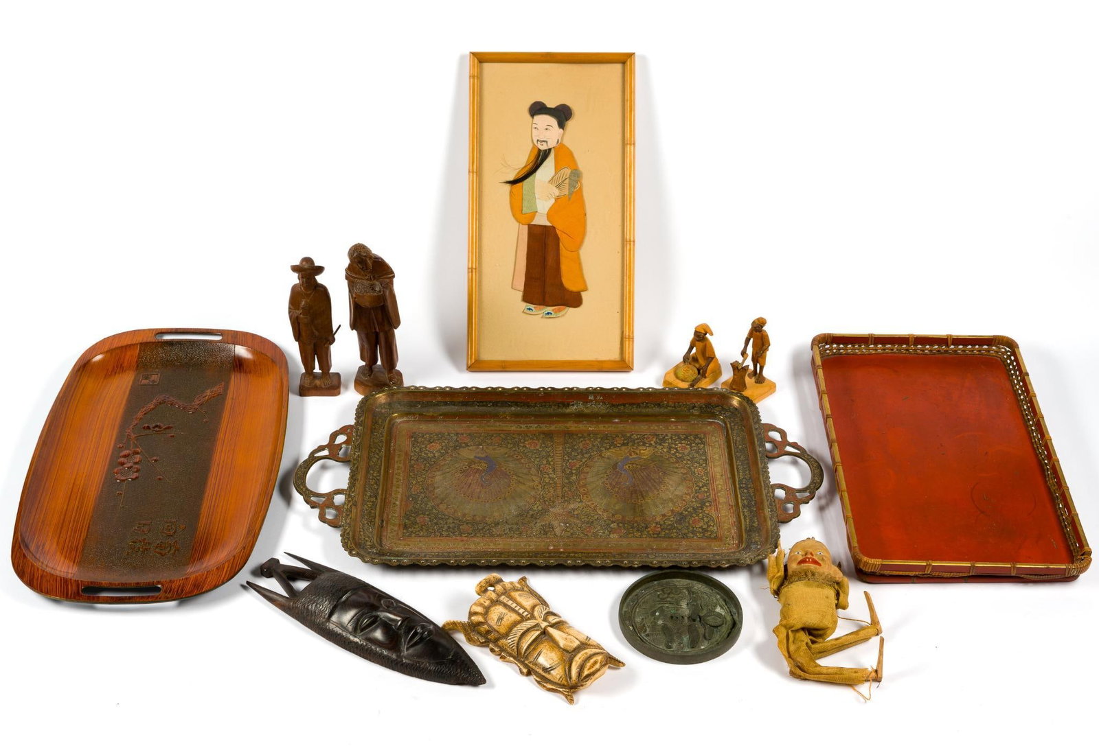 Vintage and Antique Decorative Arts: Includes trays, solk painting, wooden figures, miniatures, African mask, medallion, and assorted trinkets. Smallest item measures 4-3/4" long; largest item measures 22-1/4" long.