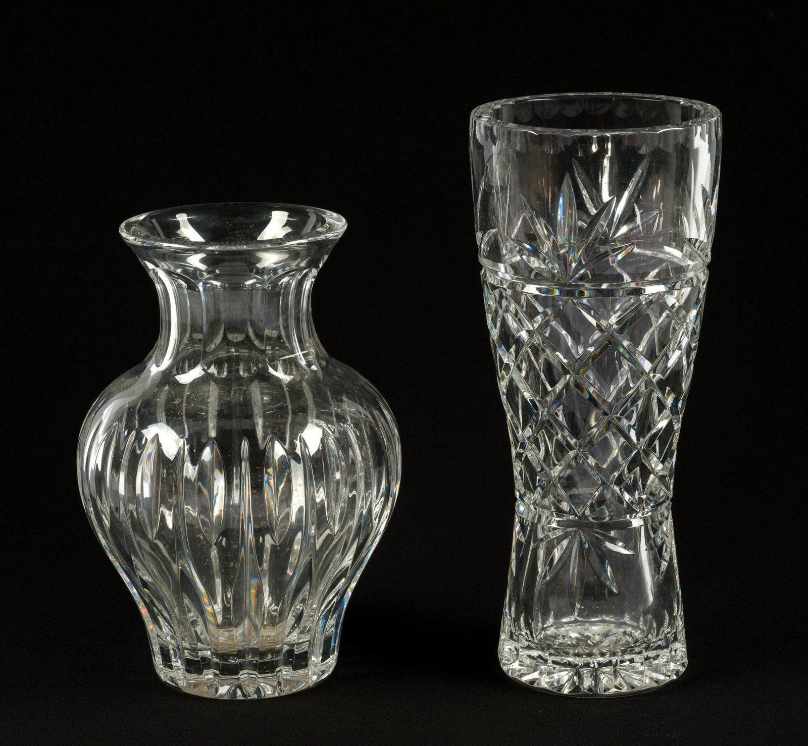 2 Cut Glass Vases Incl. Waterford: Largest piece measures 10-1/2" tall.