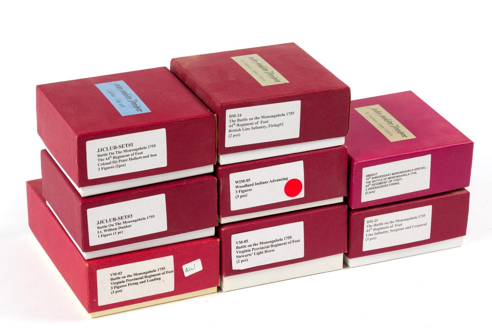 8 John Jenkins Designs Die Cast Metal Sets: All from the Battle On The Monongahela set. Largest box measures 7-3/4" x 5-1/4" x 2-1/2" and the smallest measures 5" x 5-1/4" x 2-1/4". Also includes two "Collectors Club" sets from 2009 and 2010.&#