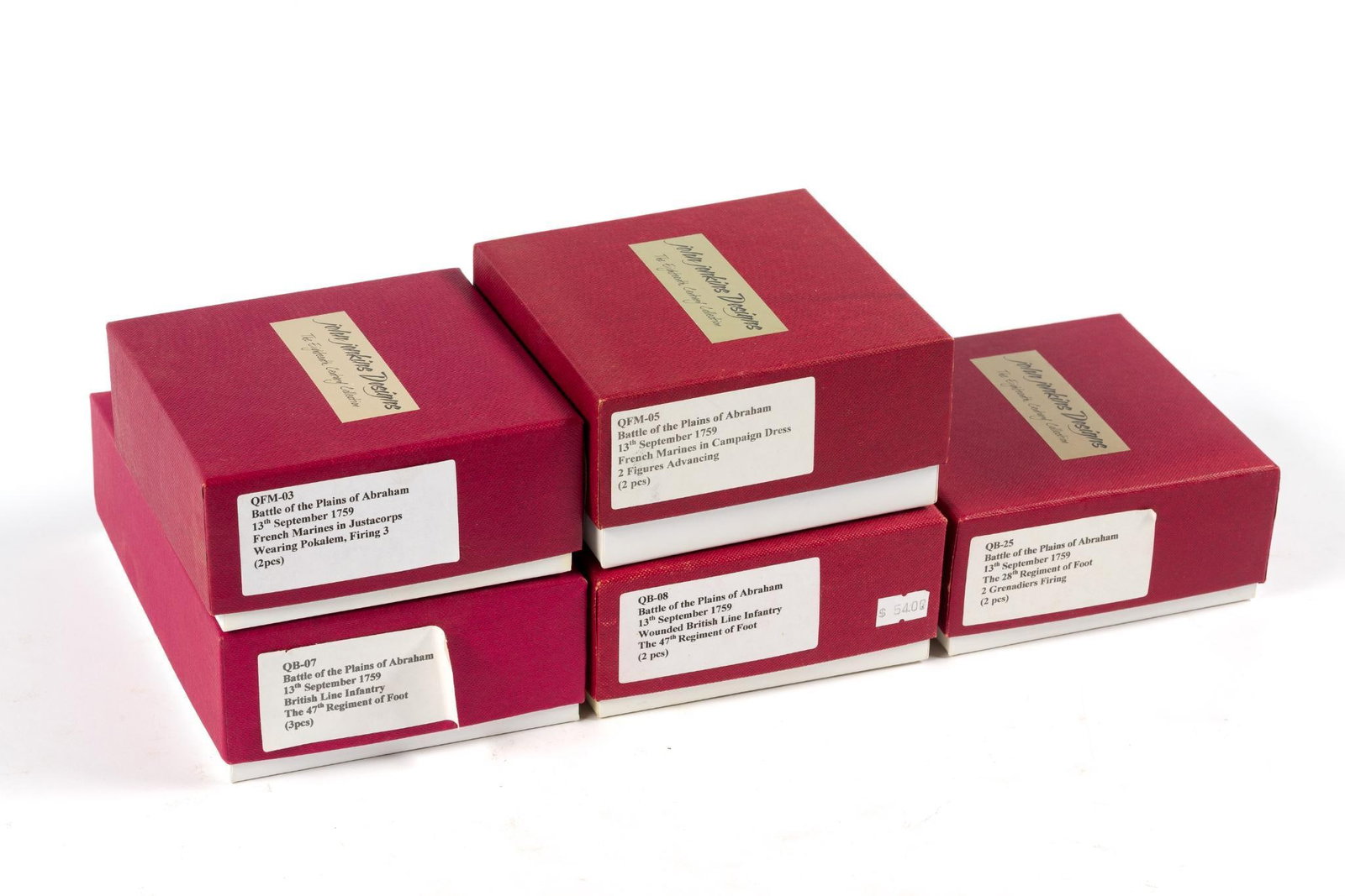 6 John Jenkins Designs Die Cast Metal Sets: All from "The Battle Of The Plains Of Abraham." Largest box measures 7-3/4" x 5-1/4" x 2-1/2" and the smallest measures 5" x 5-1/4" x 2-1/4". 