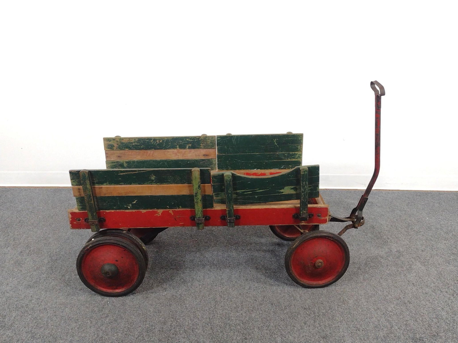 Antique Wagon: 17" wide X 72" long (with handle) X 22" high. Has scratches and finish loss. 