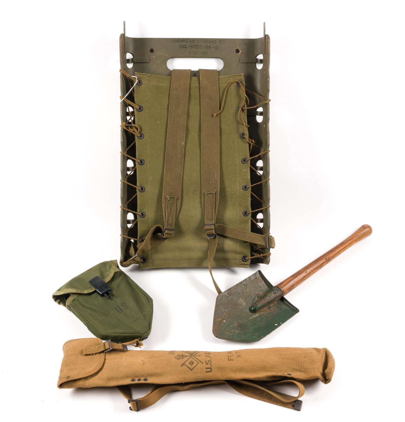 2 Entrenching Shovels, US Army Flag Kit & US WWII Pack Board: One entrenching shovel in pack, flag kit is also in original package. 
