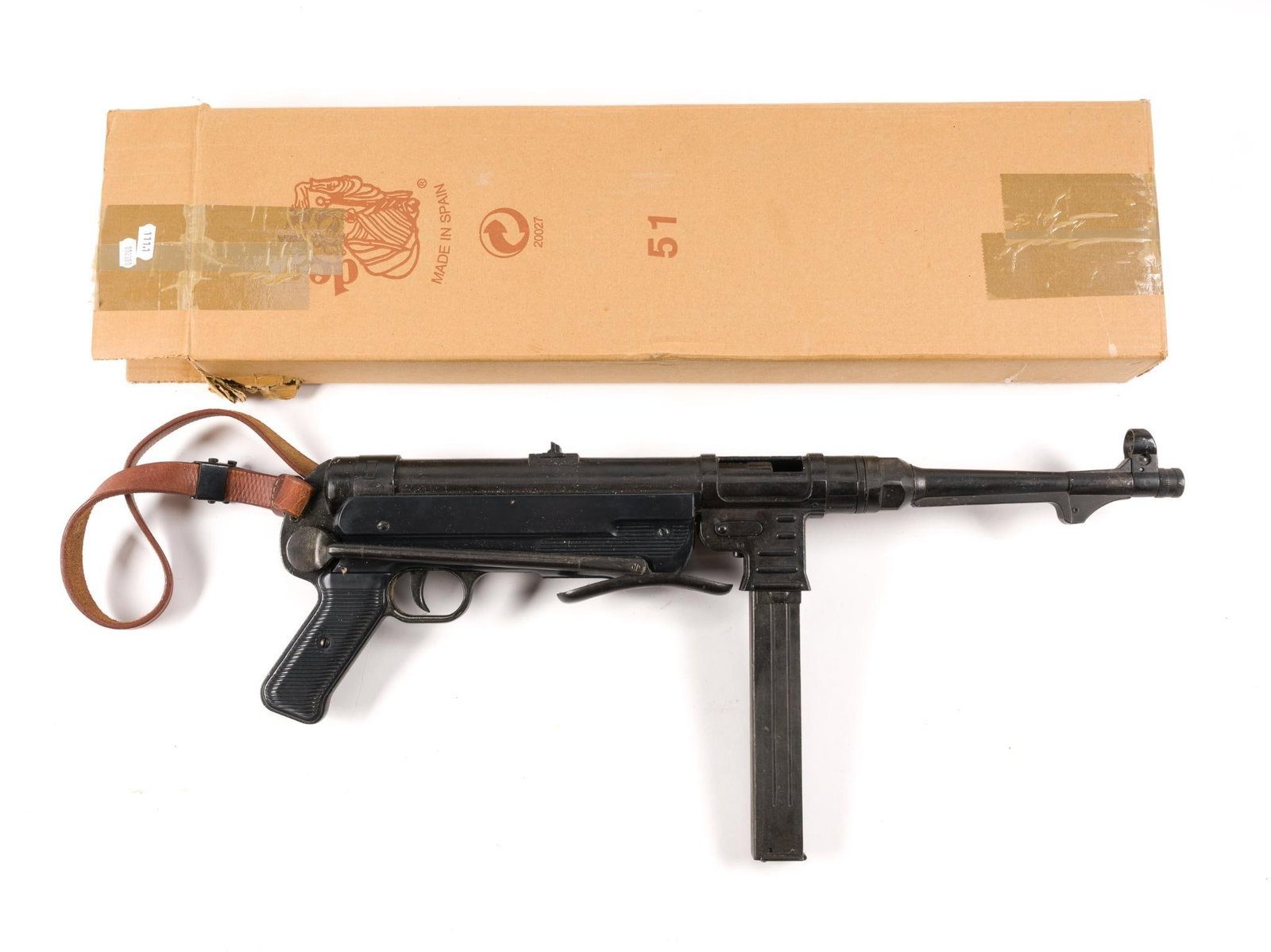 Replica WWII German MP40 & Sling: Non-firing dummy. In box. Non-Firing MP40. 7-1/4" wide x 26-1/2" long x 3" high. 