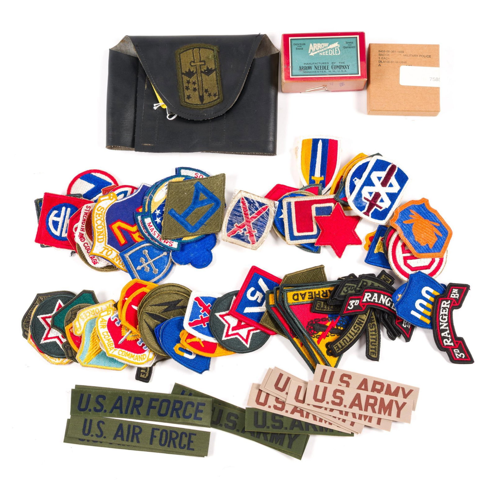 Military Patches Incl. Replica WWII German: Also includes U.S. Army patches, a US Military Police badge, a US Military Police armband, 2 replica German WWII patches and a replica German WWII silk band. Smallest piece measures 2" long, and the