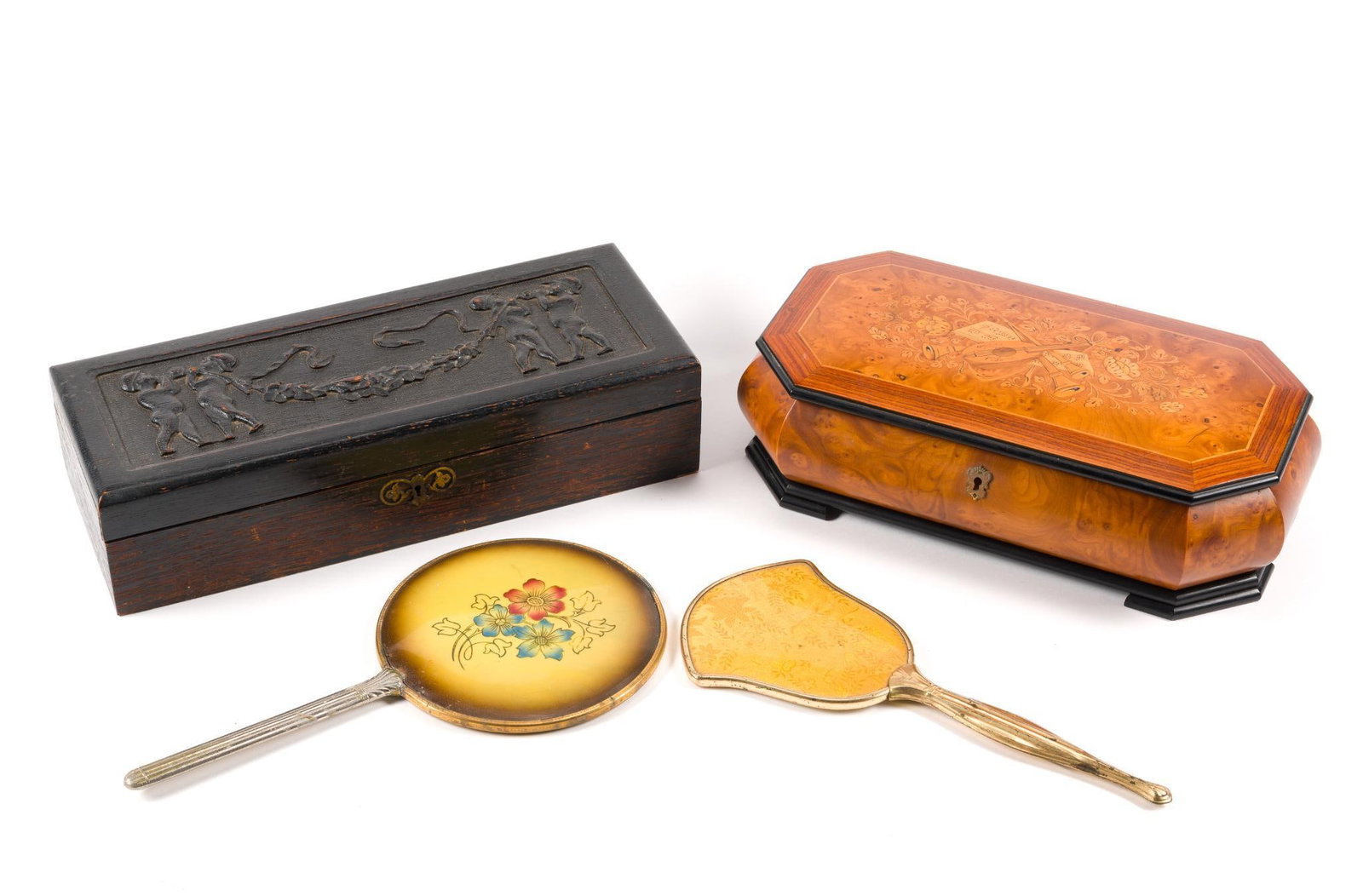 Reuge Music Box & Carved Wooden Jewelry Box: Also includes two mid-century hand mirrors. Reuge box comes with key and the works when opened. Largest box measures 15-1/2" x 6-1/4" x 3-3/4". 