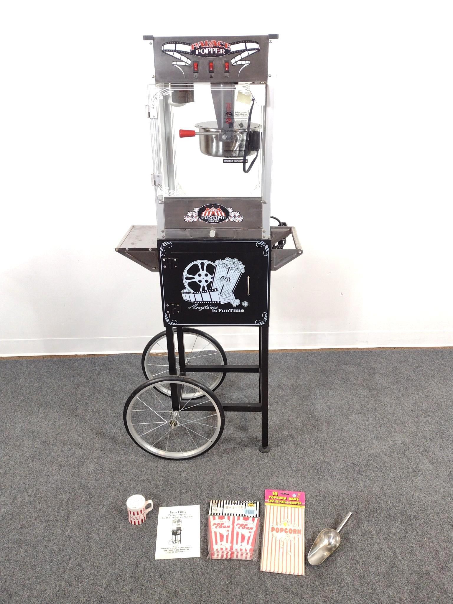 Fun Time Palace Popper Popcorn Machine: 26" wide X 12-1/2" deep X 60-1/2" high. Shows signs of use.