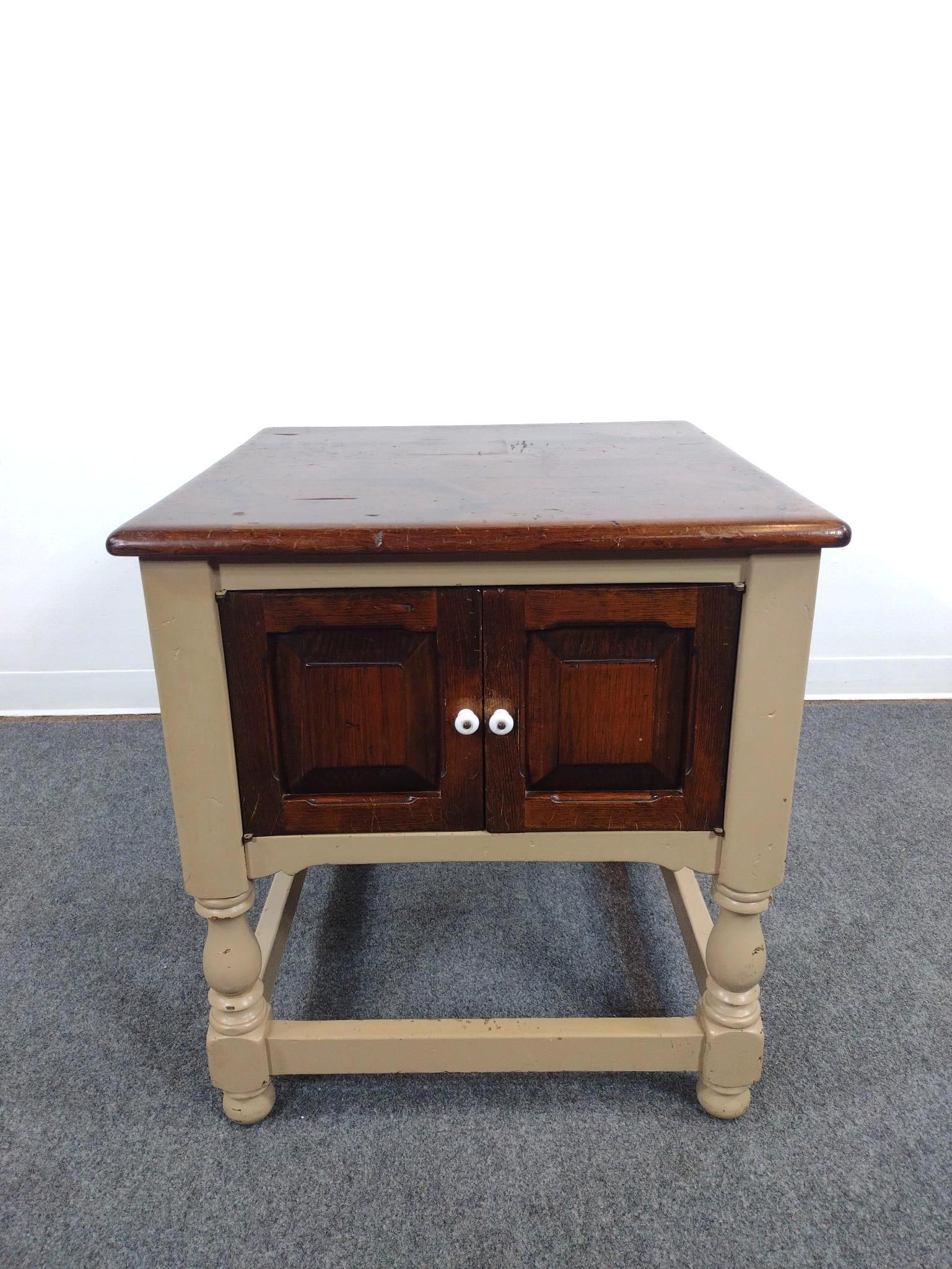 End Table: 25" wide X 25" deep X 27" high. Has some scratches and areas of paint loss.