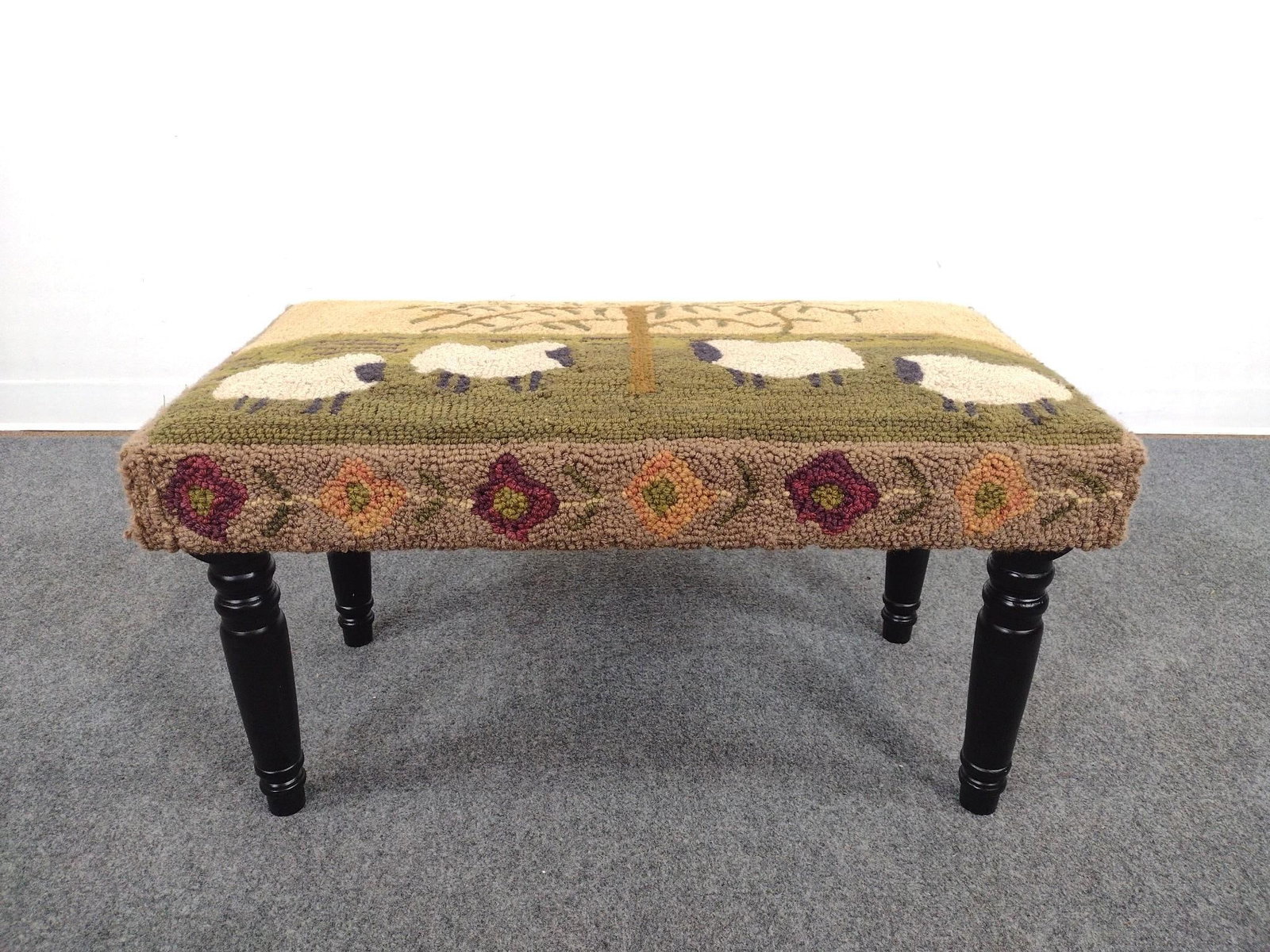 Park Designs Willow & Sheep Hooked Yarn Bench: 32" wide X 16" deep X 18" high. 