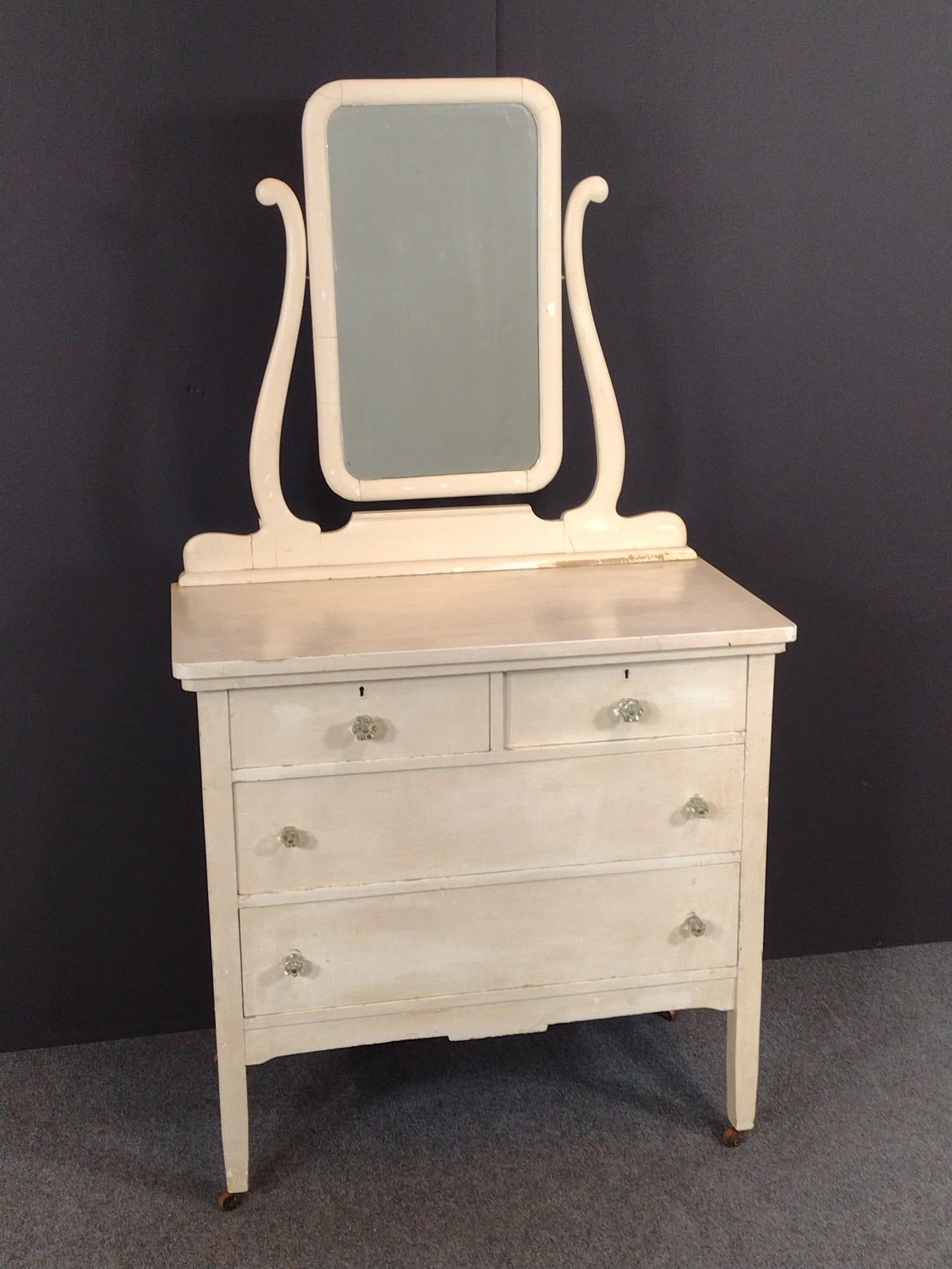 White Painted Antique Dresser With Mirror: 36" wide X 19" deep X 66" high. Has discoloring and areas of finish loss. 