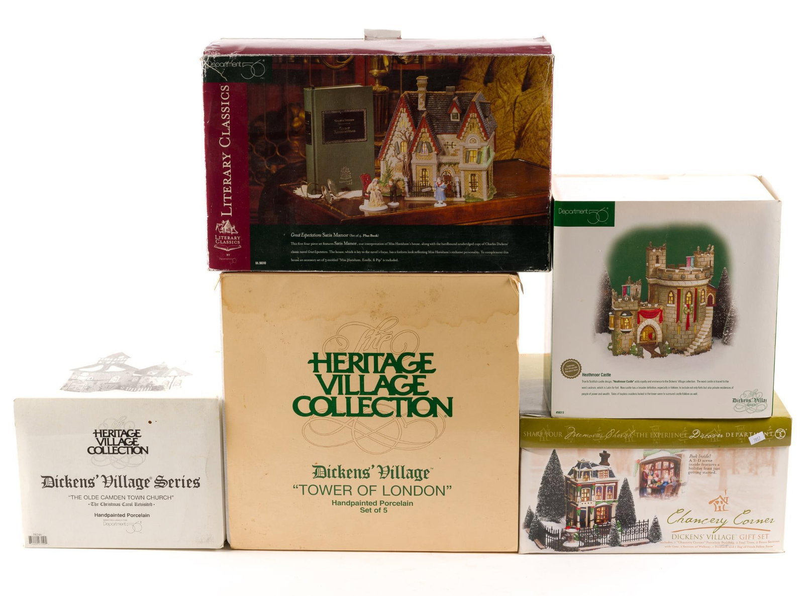 5 Dept 56 Heritage Village Collection Incl. Dickens Village: Includes "The Tower of London," "Heathmoor Castle," "Chancey Corner," " The Olde Camden Town Church," and "Great Expectations: Satis Manor." 