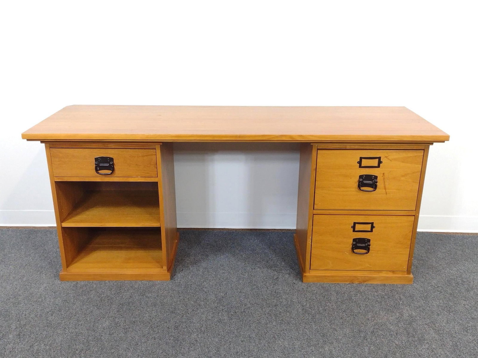 Vintage Mid-Century Executive Desk: 70" wide X 23" deep X 29-1/4" high. Drawer faces have scratches.