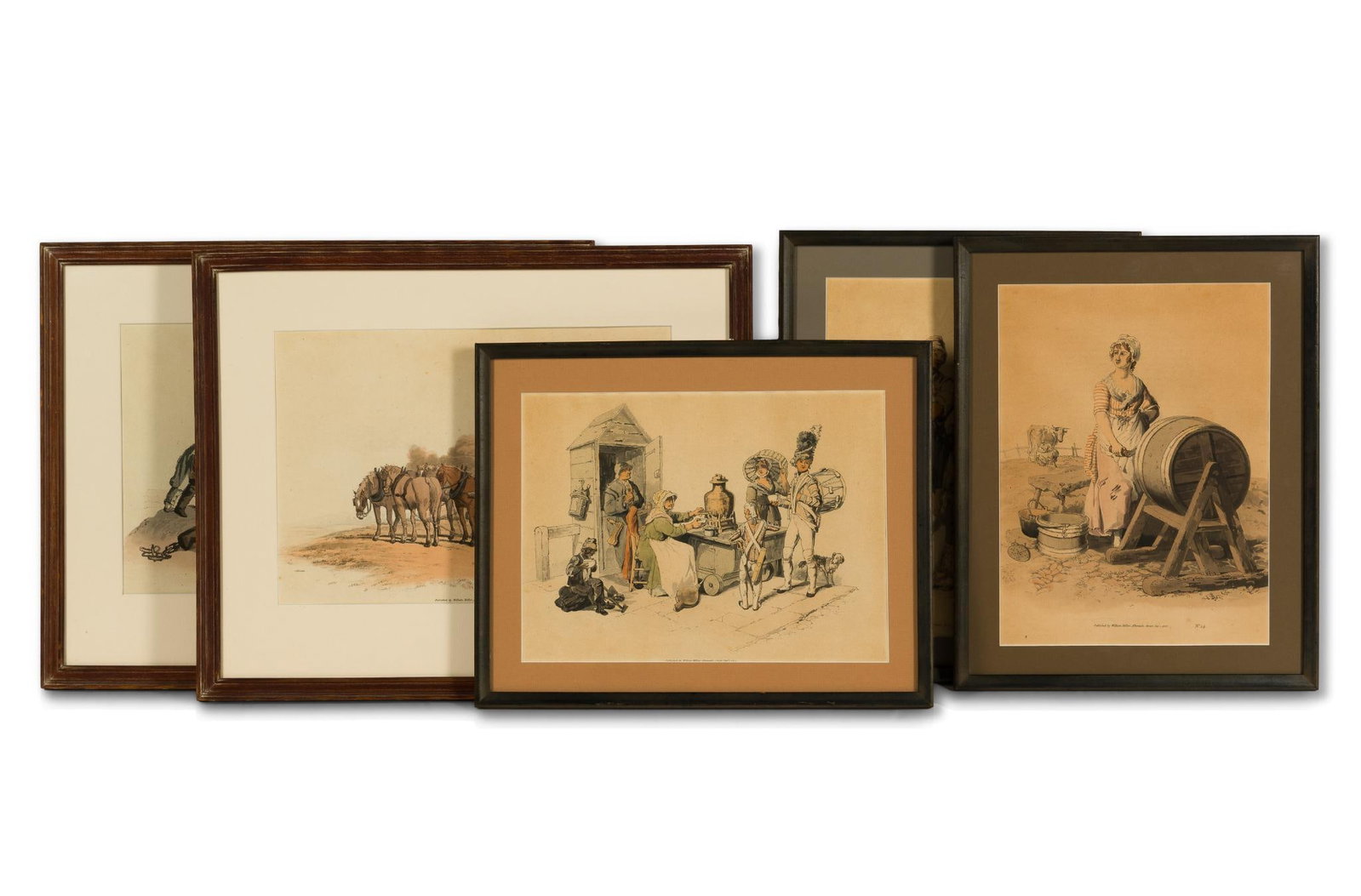 5 Framed Book Plates: Includes Women Selling Salop, Woman Churning Butter, and more. 14-3/4" to 14-1/2" high x 11-3/4" to 18-1/4" wide. 
