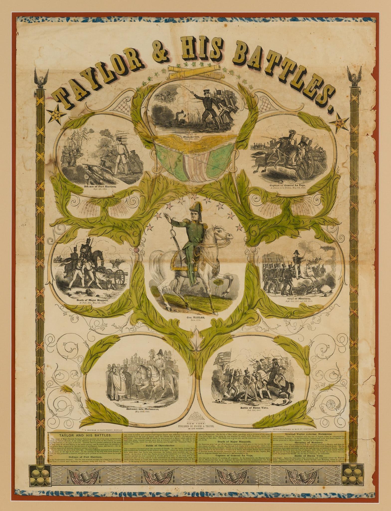 Ensigns & Thayer 'Taylor and His Battles' Framed Print: Wear to the edges with some rips to the edges. Overall 39-1/2" long x 30-3/4" wide, sight 31-1/4" long x 23" wide. 