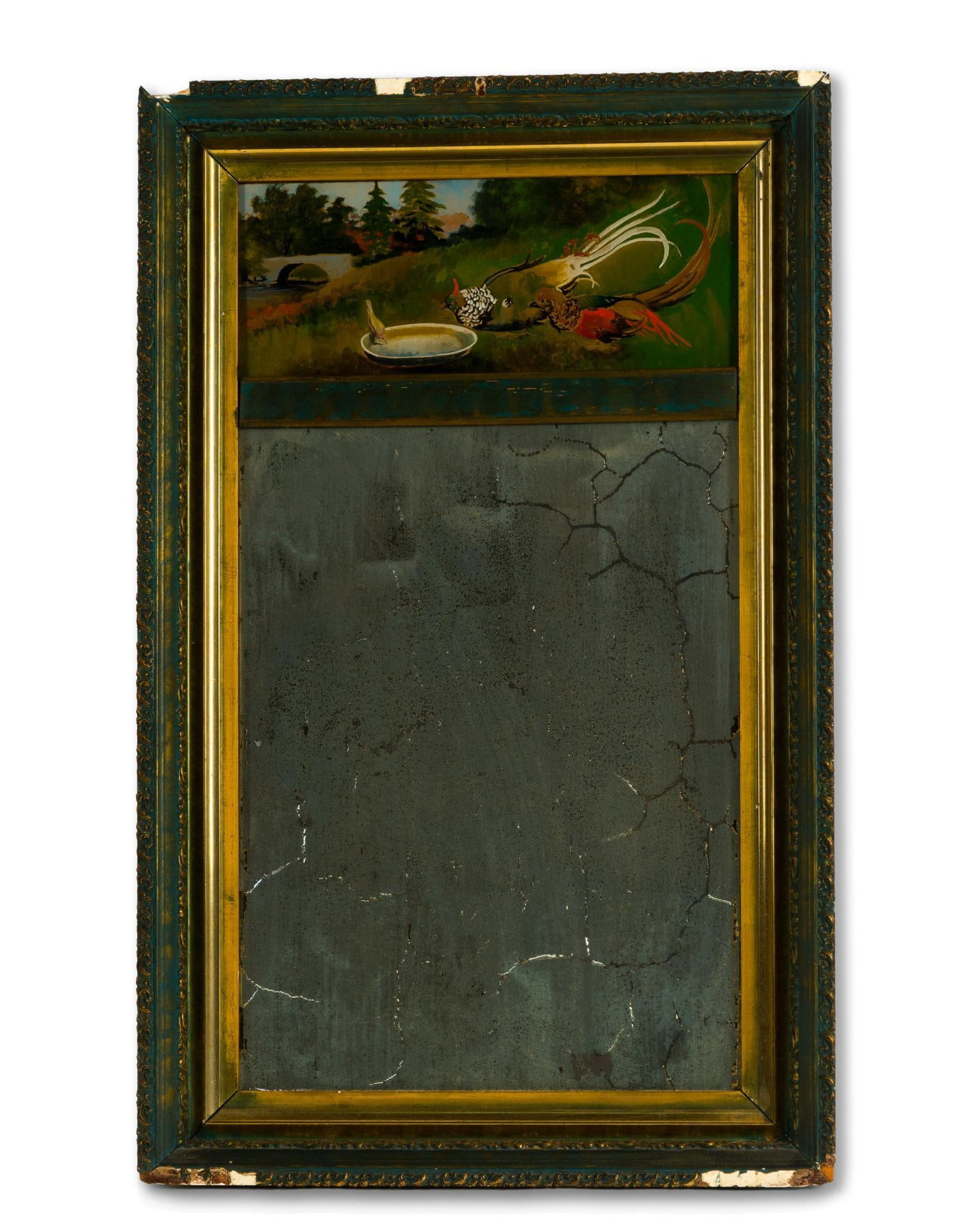Early 20th Century Trumeau Mirror: A 32" X 20" trumeau mirror, late 19th or early 20th Century French, with a painting of pastoral and mountain scenery, with a woman picking flowers. The frame is gilt with blues and greens overlaid. Th