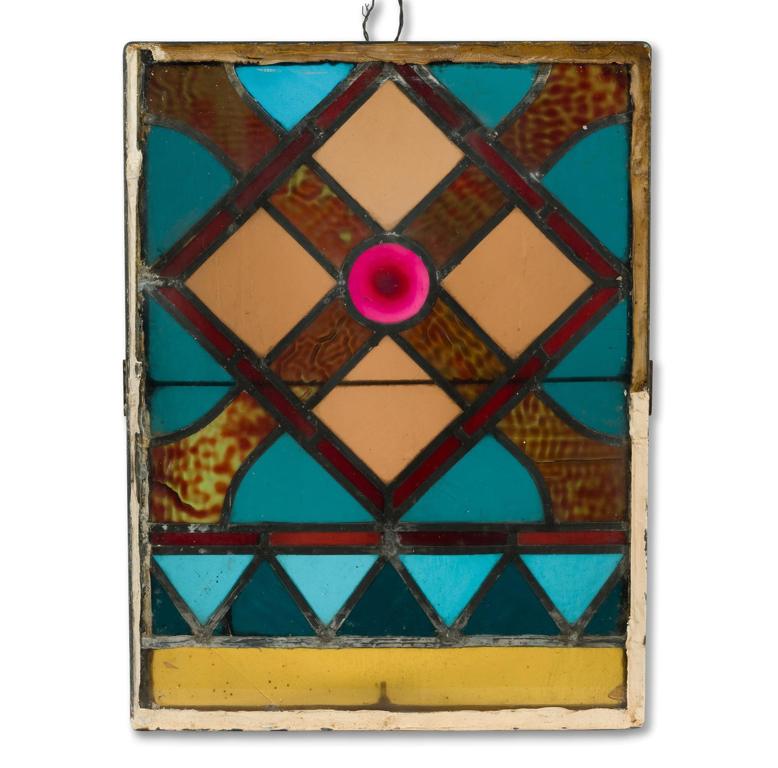 Antique Stained Glass Window: From a house on Market Street in York, PA designed by Harry Yessler. Red, blue, orange, and yellow glass panes. 23-3/4" long x 17-3/4" wide. Two panes of glass cracked. 
