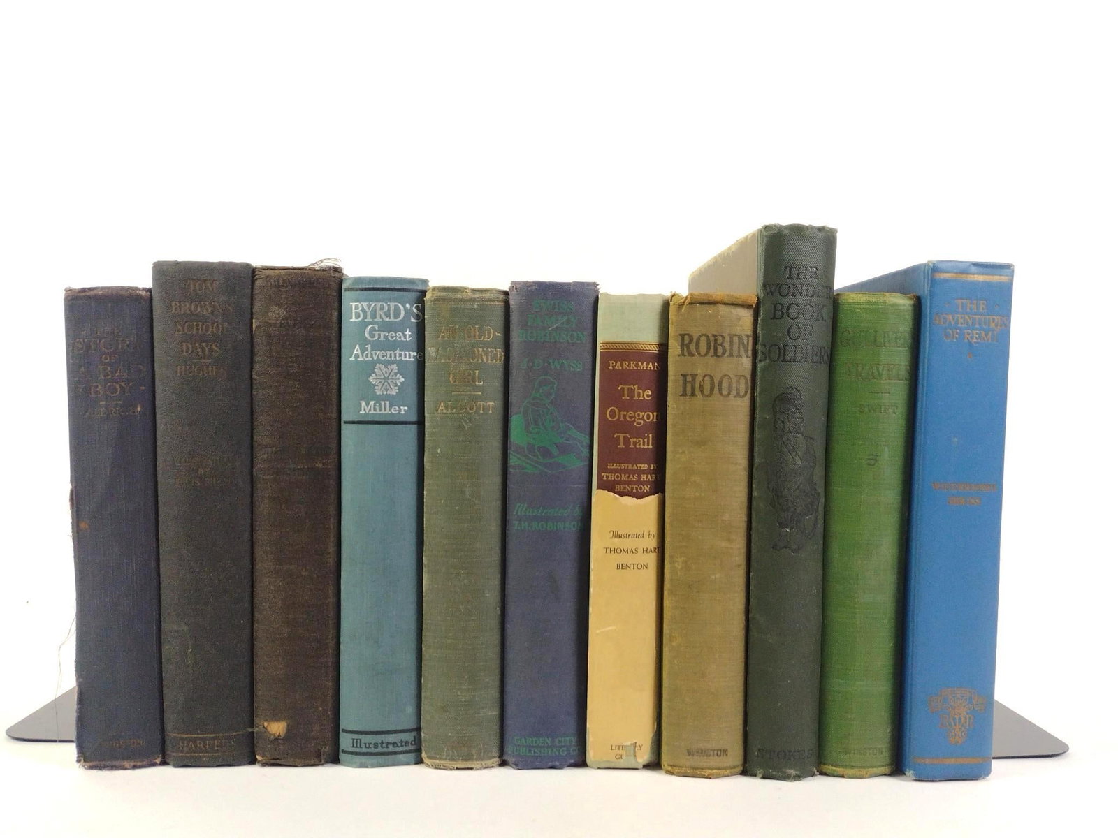 11 Vintage Children's Books: Early 20th-century assorted books incl. Byrd's Great Adventure, The Oregon Trail, Swiss Family Robinson, An Old-Fashioned Girl, The Adventures of Remi, Gulliver's Travels, Tom Brown's School Days,