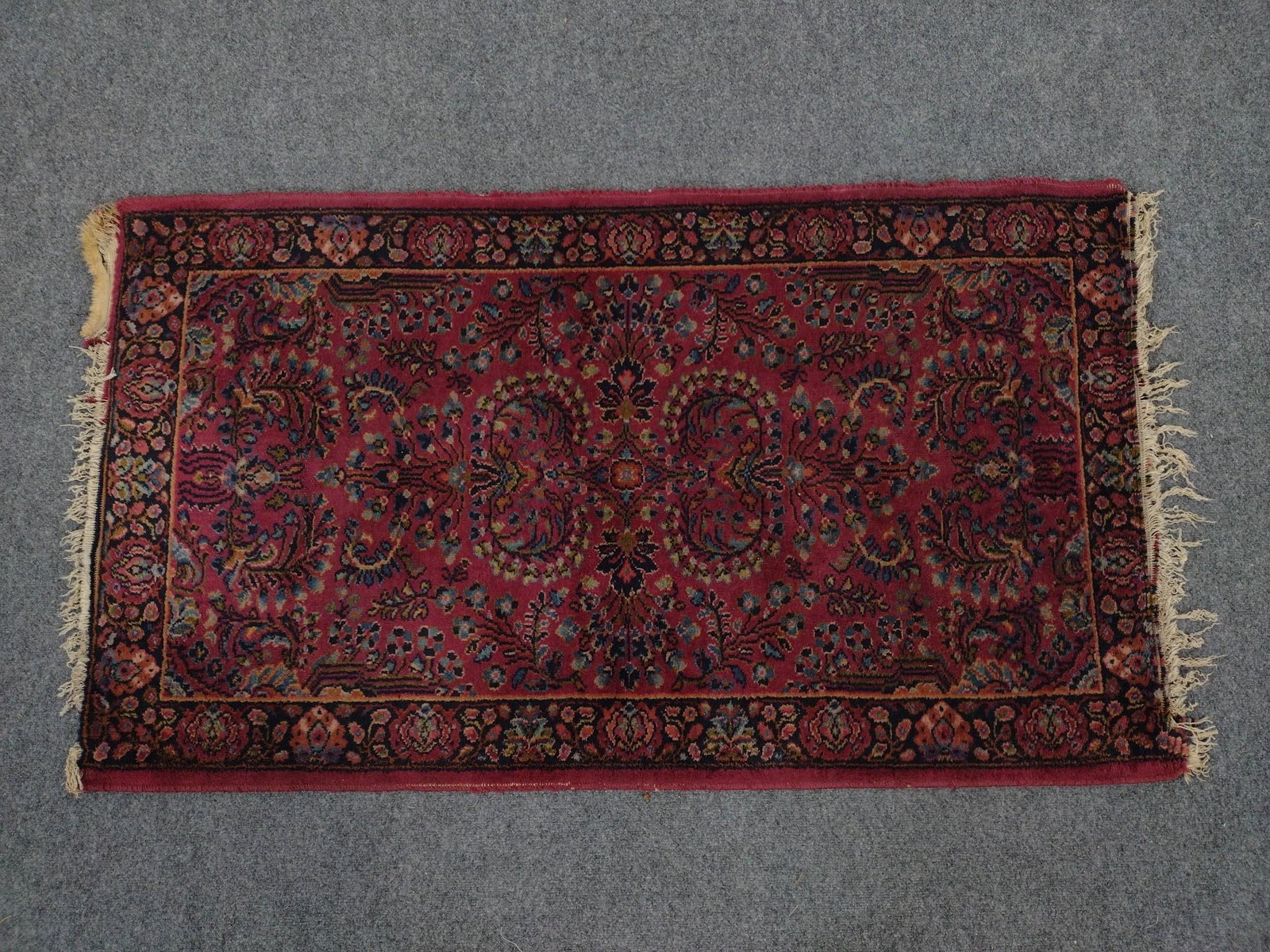 Vintage Persian Sarouk Accent Rug: 5' long X 2'10" wide. Has losses on both ends.