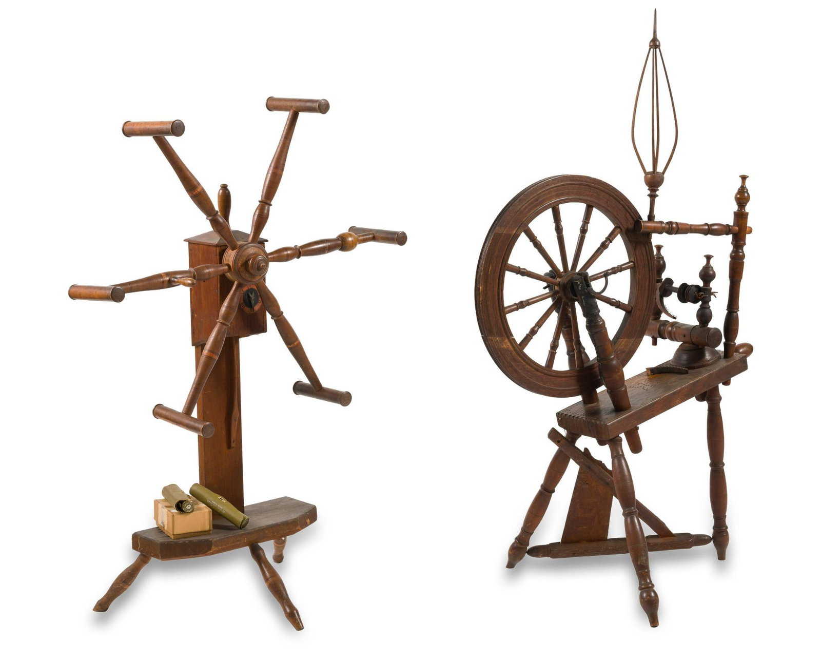 19th C Saxony Wheel and Yarn Winder: A very fine early 19th century Saxony wool spinning wheel with punch and gouge initials on the deck. Some breaks and losses but generally intact. Old finish on mixed woods including hickory and others