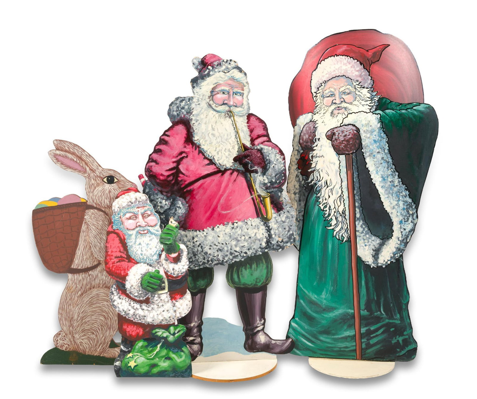 4 Vintage Holiday Free-Standing Figures: Designs mimic Victorian German Christmas and Easter paper cutout designs. Normal wear associated with age. Created by a York County, PA, artist. 74-1/2" x 35" x 22"