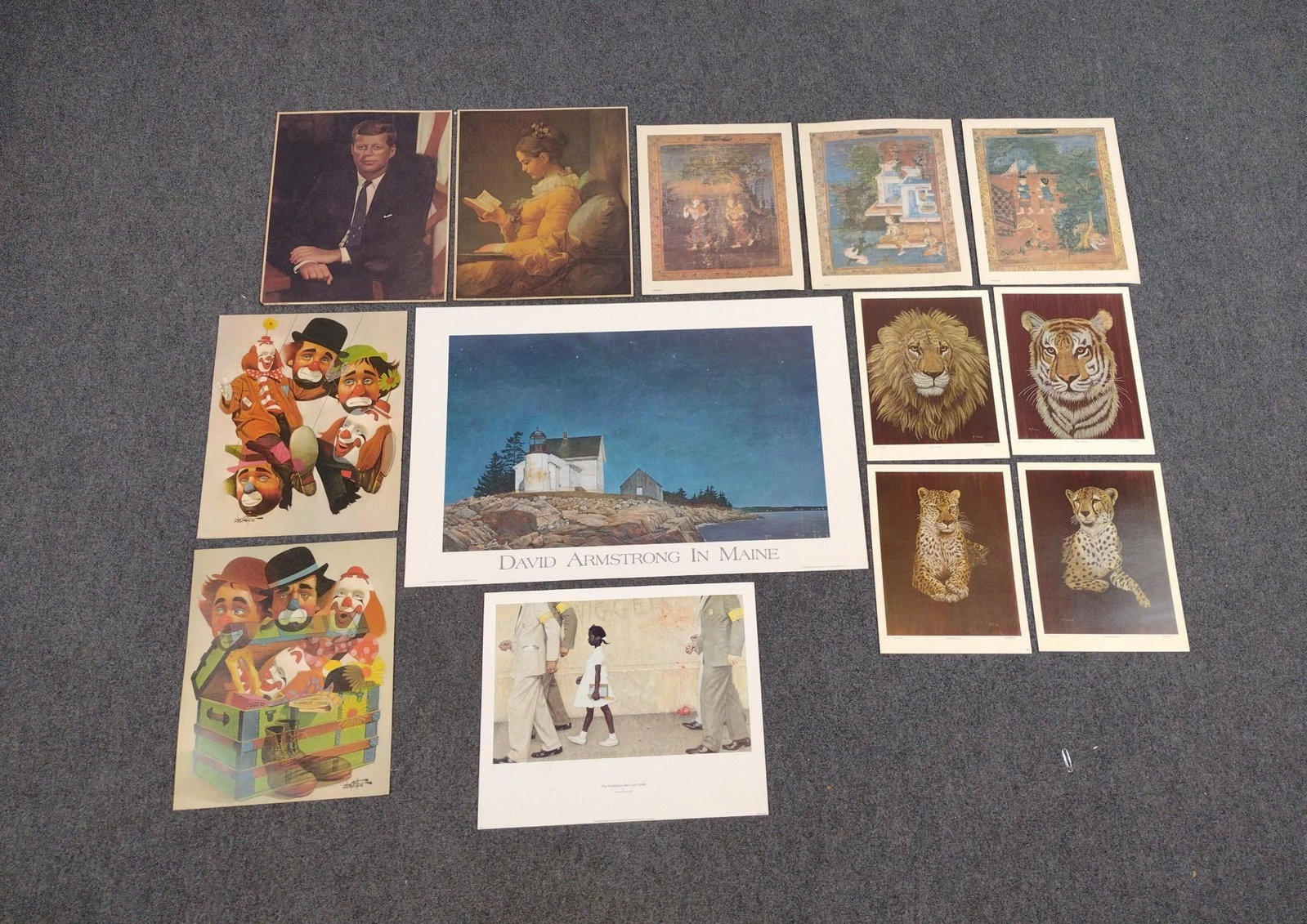 13 Unframed Art Prints: 20" to 25" long x 16" to 38" wide. 