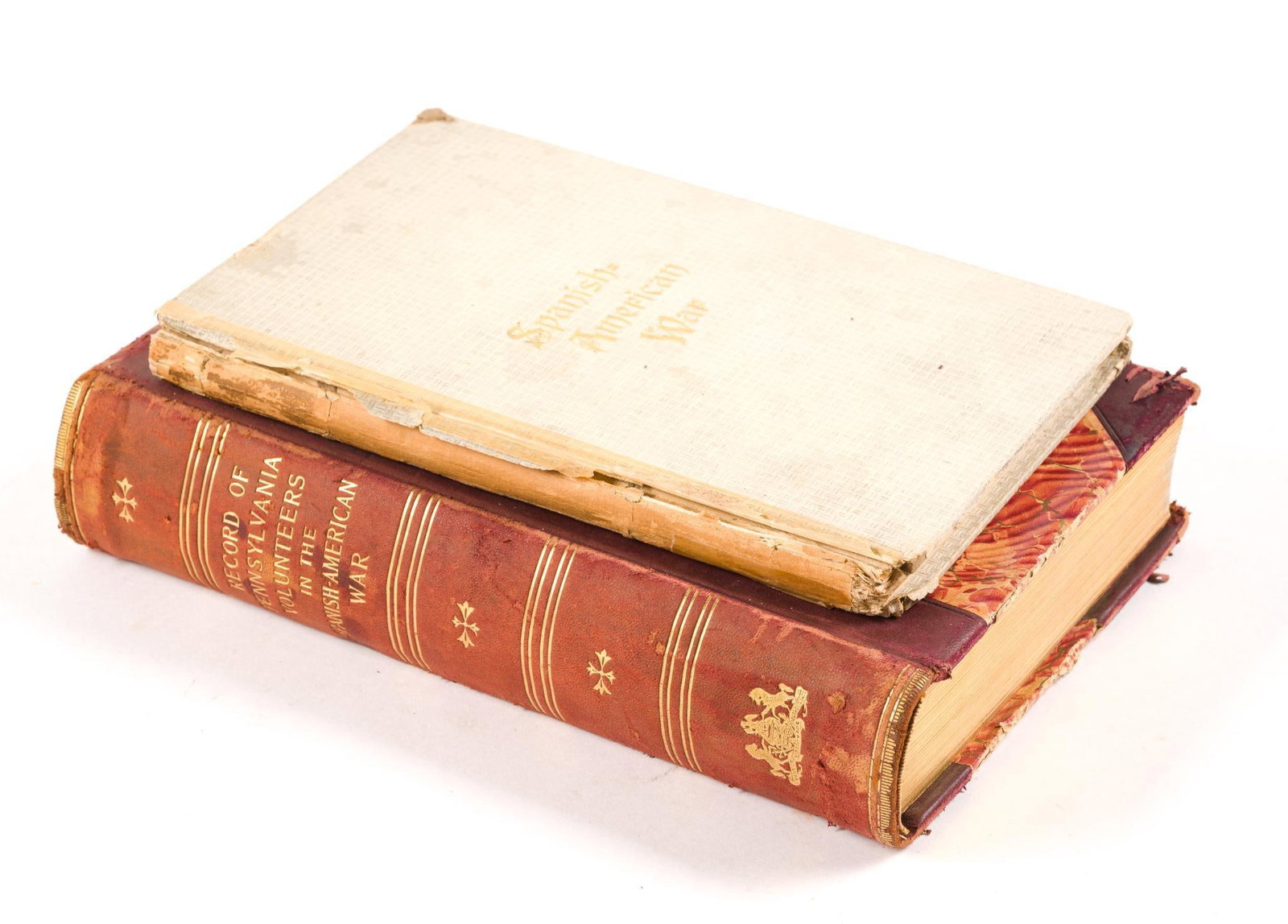 2 Antique Books About Pennsylvanians In The Spanish American War: Includes "A Brief History of the Spanish American War" by Miss Frances Cugle published in 1898 and "Records of Pennsylvania Volunteers in the Spanish American Civil War" published in1900. Extens