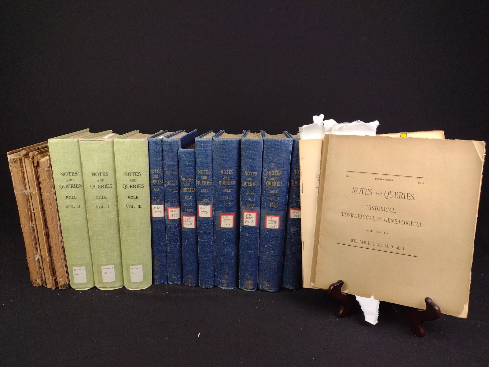 17 Antique Volumes of "Notes & Queries" by William Henry Egle: All have to do with Pennsylvania History and Genealogy. Contains books from 1893, 1894, 1895, 1896, 1897, 1898 and 1899. Largest book measures 7-1/2" x 11". 3 copies of these books are marble bound an