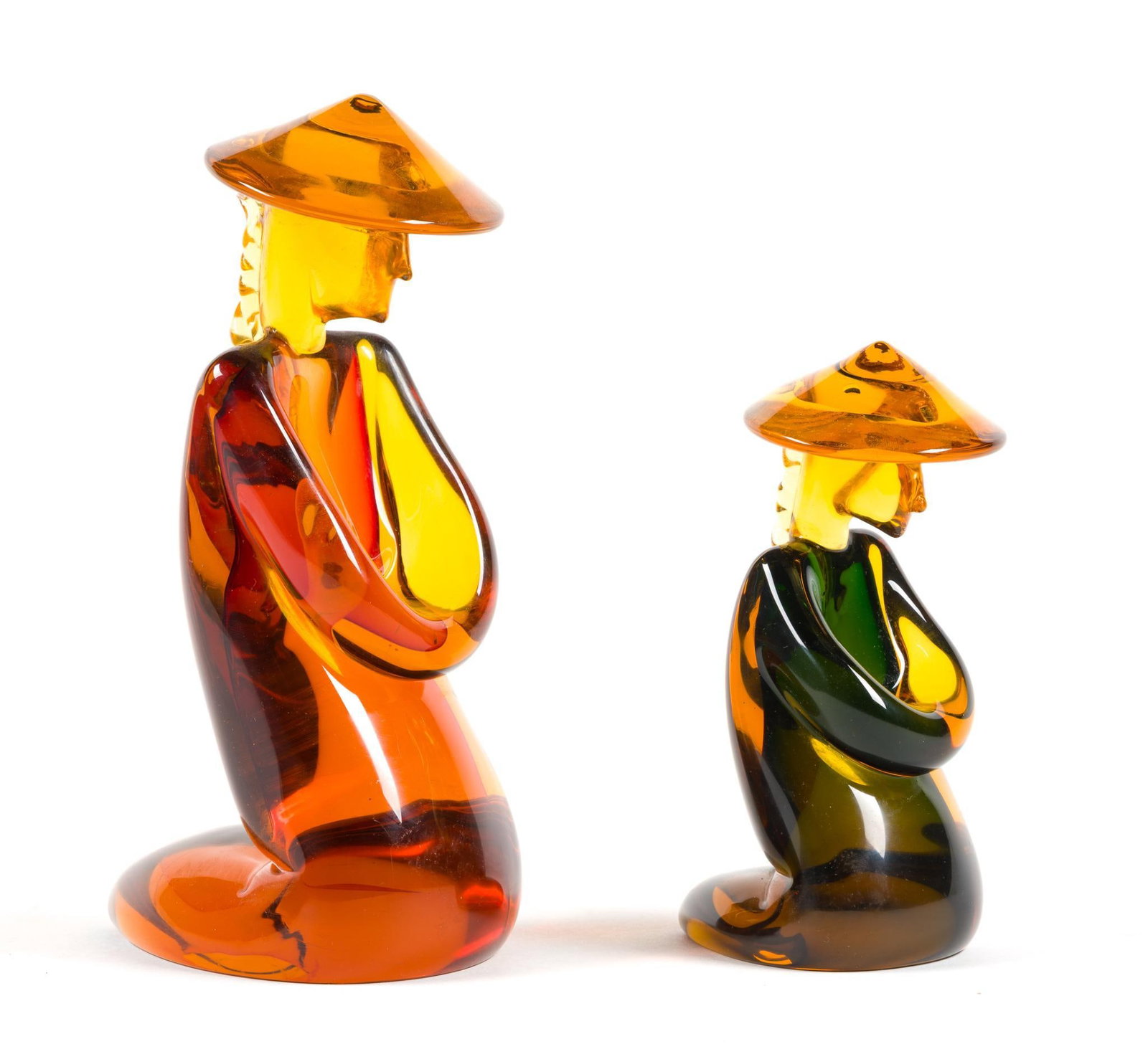 Murano Glass Asian Figures: Both with Murano stickers to bottom. The smallest measures 6" tall; the largest measures 8-1/2" tall. 
