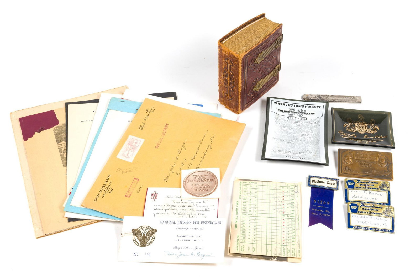 Vintage Ephemera: Includes 1 antique photo album (text block detached), vintage items from the inauguration of Richard Nixon, political ads from the 1950s, 2 vintage trays from Pennsylvania, and more. All in good