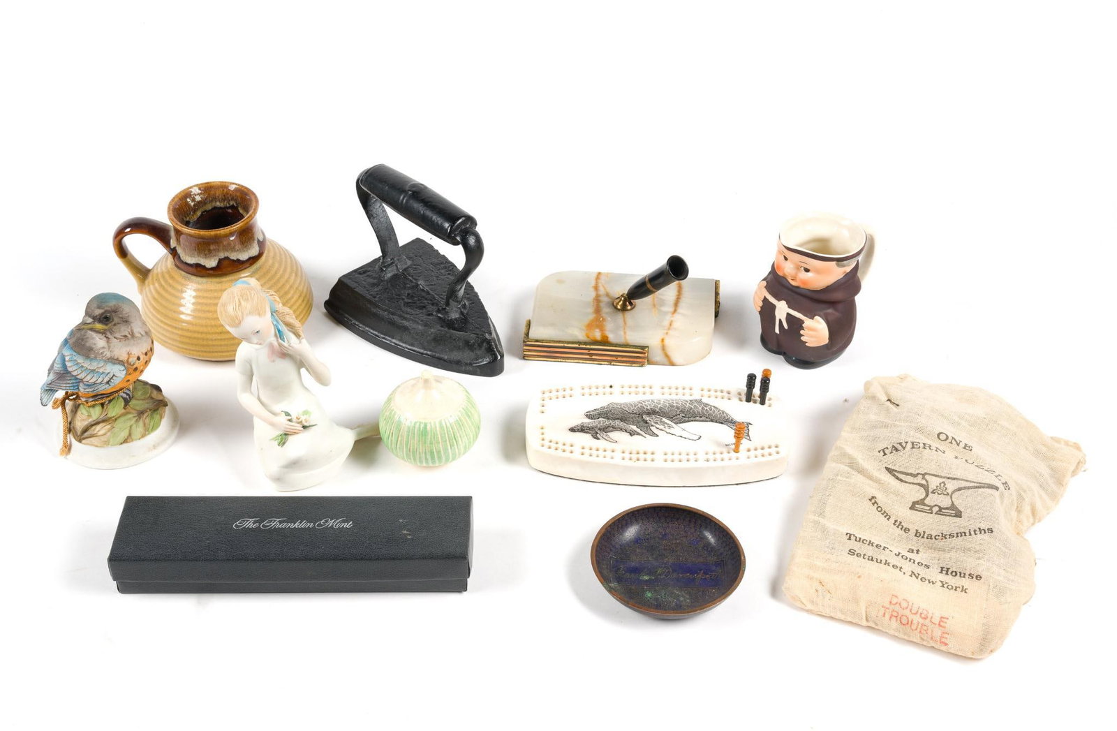 Vintage and Antique Collectibles: Includes the Franklin Mint "Gold Caribbean Necklace"; 1 Tavern Puzzle from the blacksmiths at Tucker-Jones House "Double Trouble", marble pen holder, Goebel German Porcelain "Friar Tuck" monk