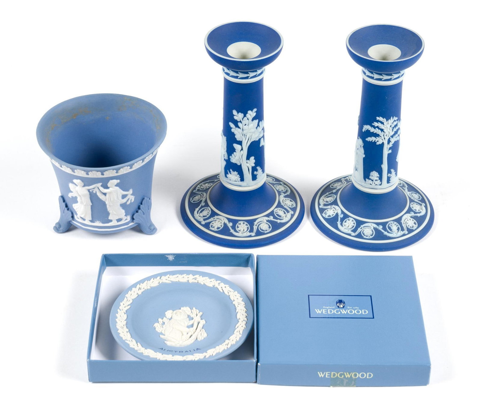 Wedgewood Jasperware: Includes 2 candlesticks, Australian plate featuring a Koala, and small planter. All in good condition; the planter shows signs of aging. The smallest item measures ~3-1/2" tall; the largest item