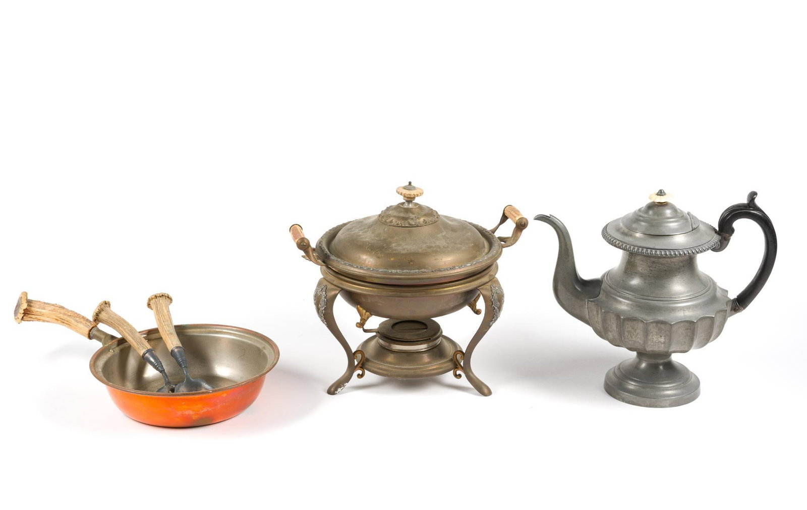 Antique Antler Kitchen Utensils: Includes serving fork, serving spoon, pan, chafing dish, and teapot. Smallest item measures 10-1/2"; largest item measures ~10-1/2" tall. 