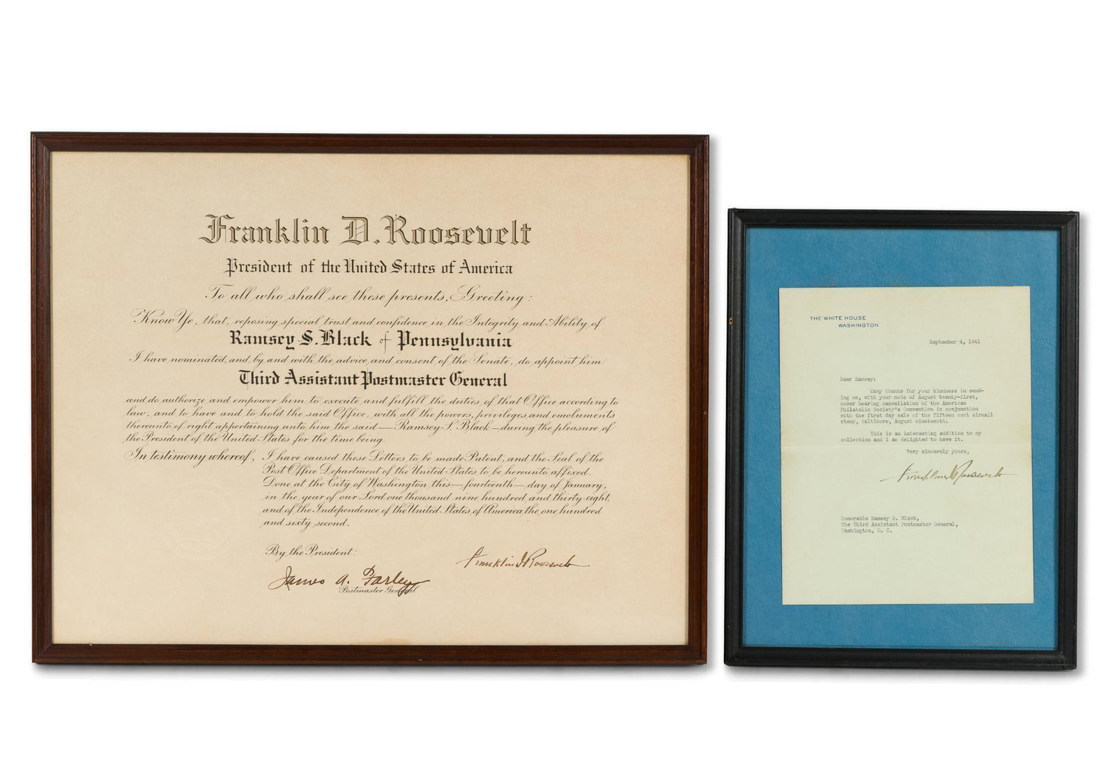 FDR Signed Presidential Commission & White House Letter: Certificate announcing Ramsey S. Black of Pennsylvania as the Third Assistant Postmaster General, and correspondence from Franklin Delano Roosevelt to Ramsey S. Black thanking Black for sending FDR a