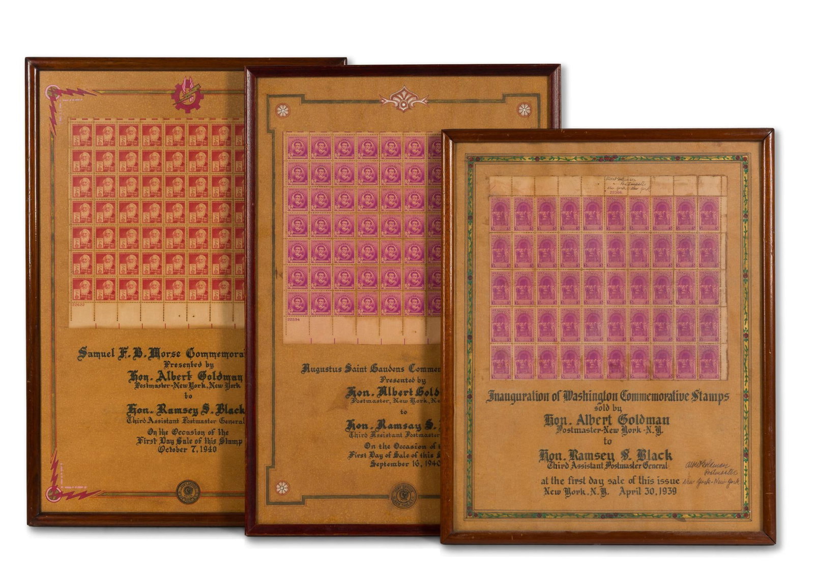 3 Framed First Day of Issue Presentation Stamp Sheets: Includes Augustus Saint Gaudens Commemorative Stamp, Inauguration of Washington Commemorative Stamp, framed Samuel F. B. Morse Commemorative Stamp. All presented or sold to Hon. Albert Goldman