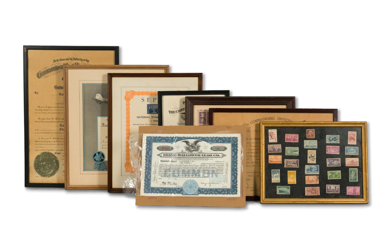 8 Antique Certificates, Ephemera, Stamps: Includes 1947 U.S Army Officer Commission document, a stock share from 1931, Military promotion certificate, an Admiral of the Flagship Fleet, commission of the state treasurer, and framed