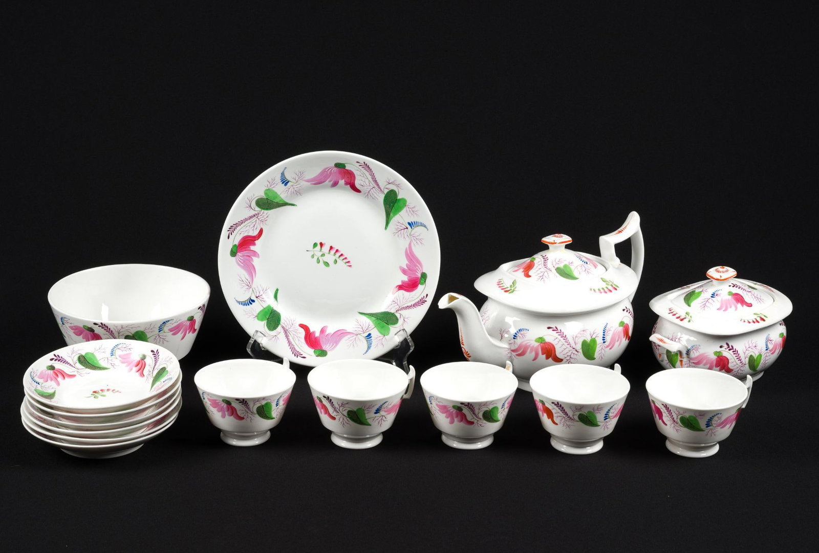 Antique Staffordshire Porcelain Tea Set: Dinner plate measures 8-3/4" in diameter. 