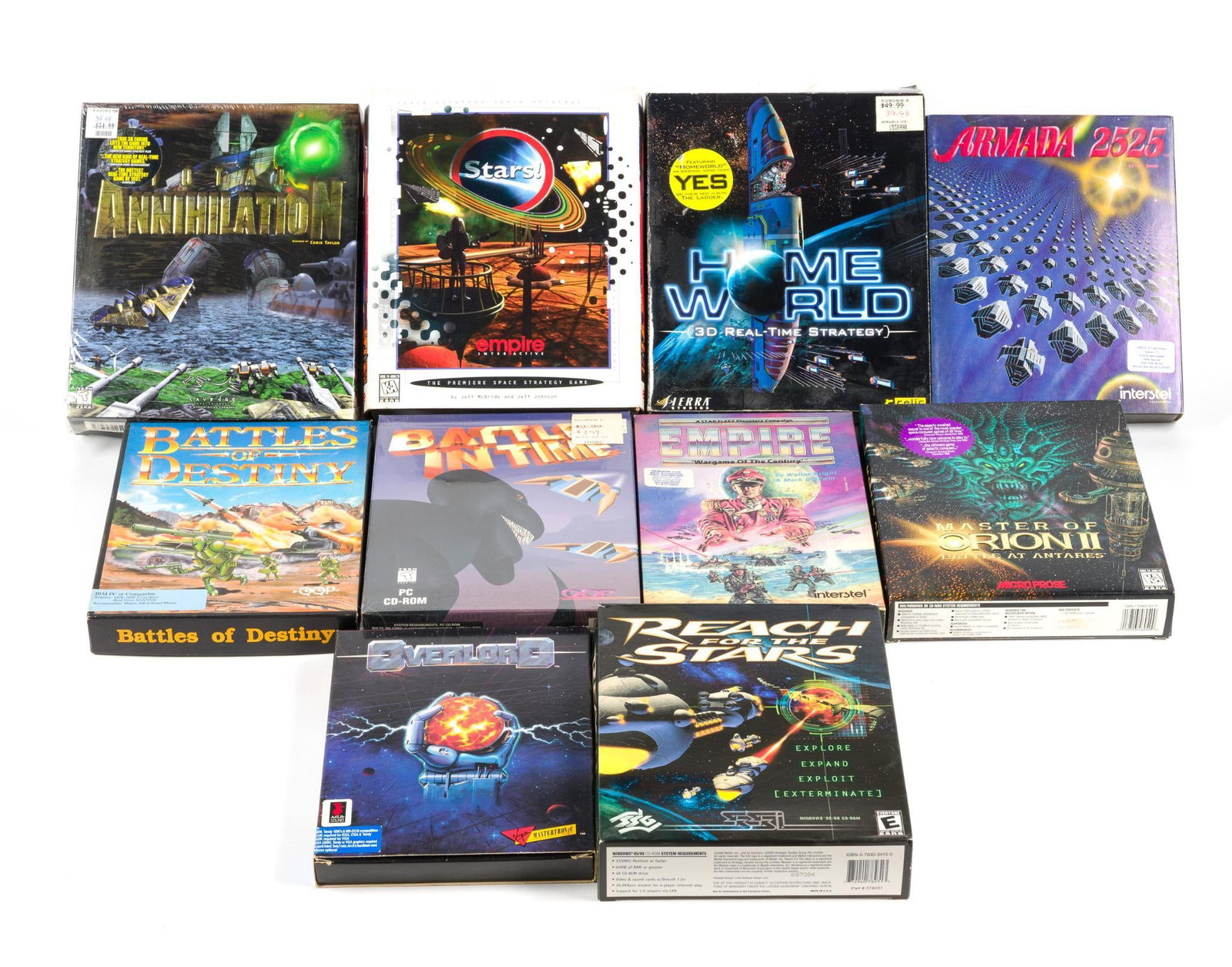 10 Vintage PC Computer Games: Includes Stars!, Master of Orion II, Homeworld, Battle of Destiny, Reach for the Stars, and more. All in condition consistent with age and use. 