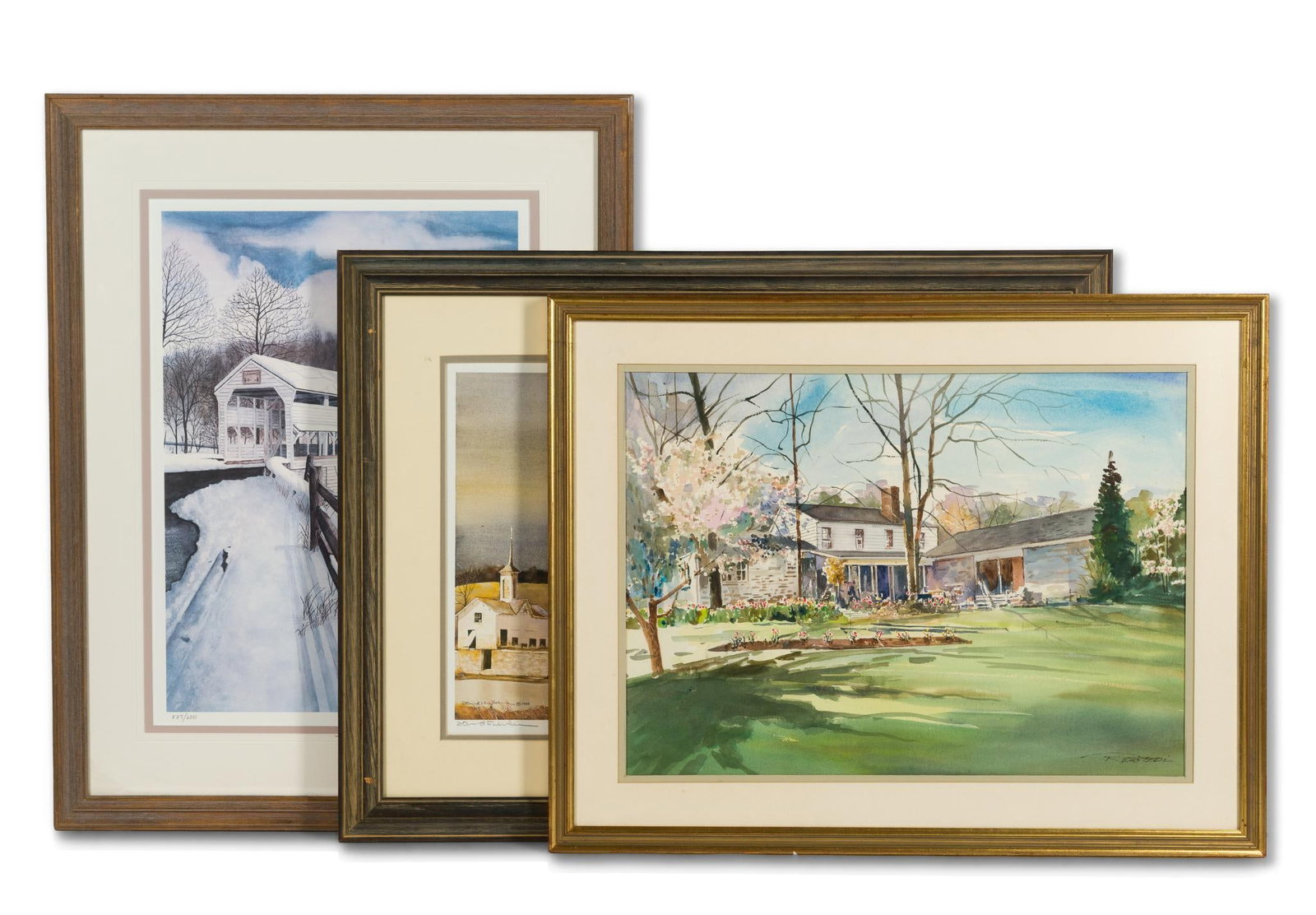 3 Framed Art Incl. Nick Ruggieri Watercolor: Also includes N.P. Santoleri limited edition 537/600 and David Lenker limited edition 59/950. All signed and framed. 21-1/2" to 29" long x 23" to 27" wide. 