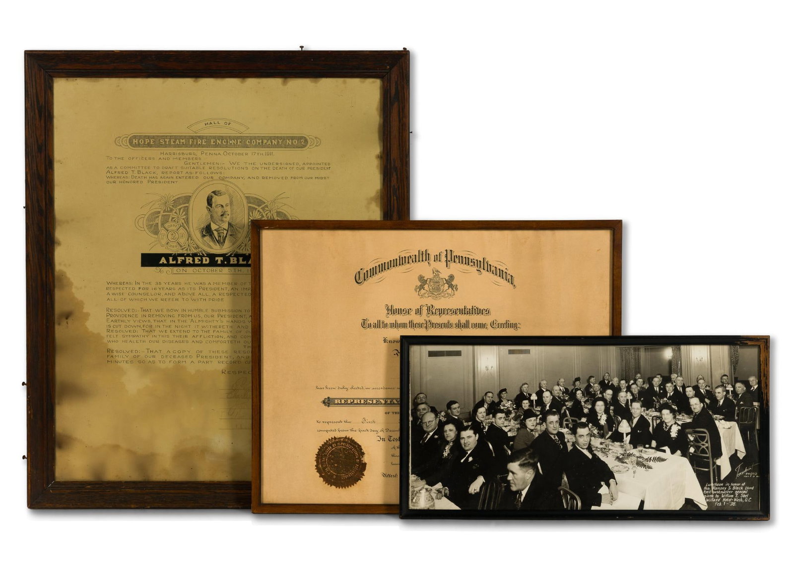 3 Framed Pennsylvania Items: Includes picture from Honorary Ramsey S. Black third Assistant Postmaster general from 1938; House of Representative certificate for A. Ramsey S. Black from the Commonwealth of Pennsylvania; and