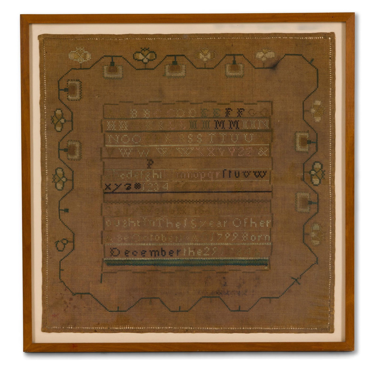1784 Framed Needlework Sampler: Dated December 22, 1784. Overall 18" long x 17" wide, sight 16" long x 15-1/2" wide. 