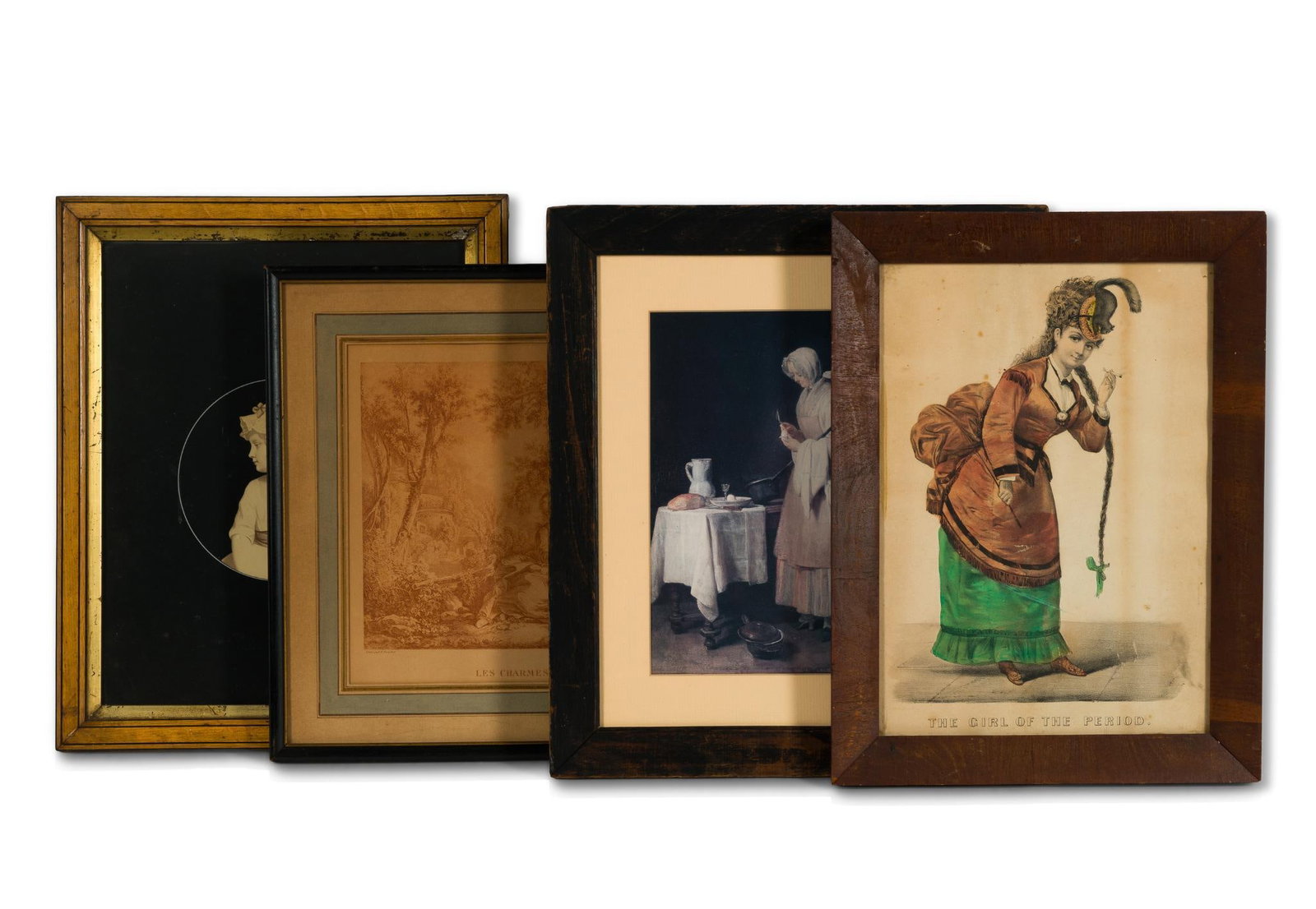 4 Framed Prints and Engravings Incl. Currier & Ives: The Girl of the Period lithograph, Les Charmes du Primtemps print, maid in kitchen lithograph, and Victorian silhouette. 14-1/2" to 16-1/4" long x 12-1/4" to 16-1/4" wide. 