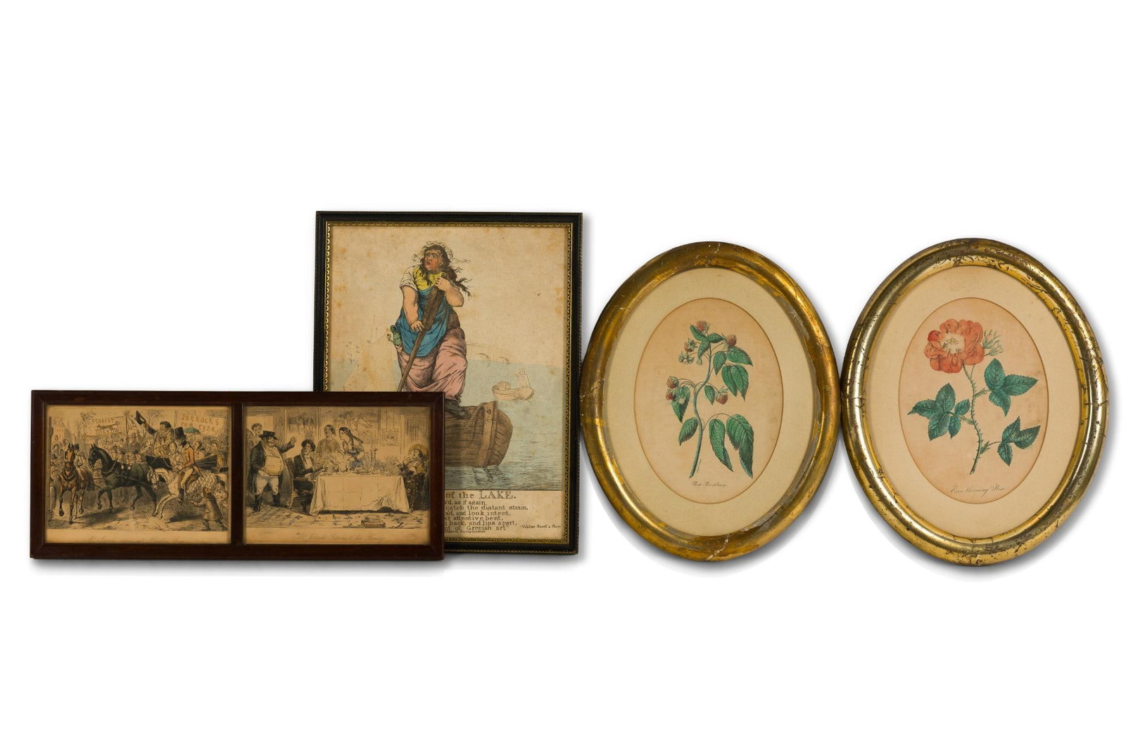 4 Framed Prints Incl. Caricatures and Botanical: Includes double vignette social caricature, Lady of the Lake satirical print, and pair of oval botanical lithographs. 6" to 12" long x 9-1/2" to 14-1/2" wide. 